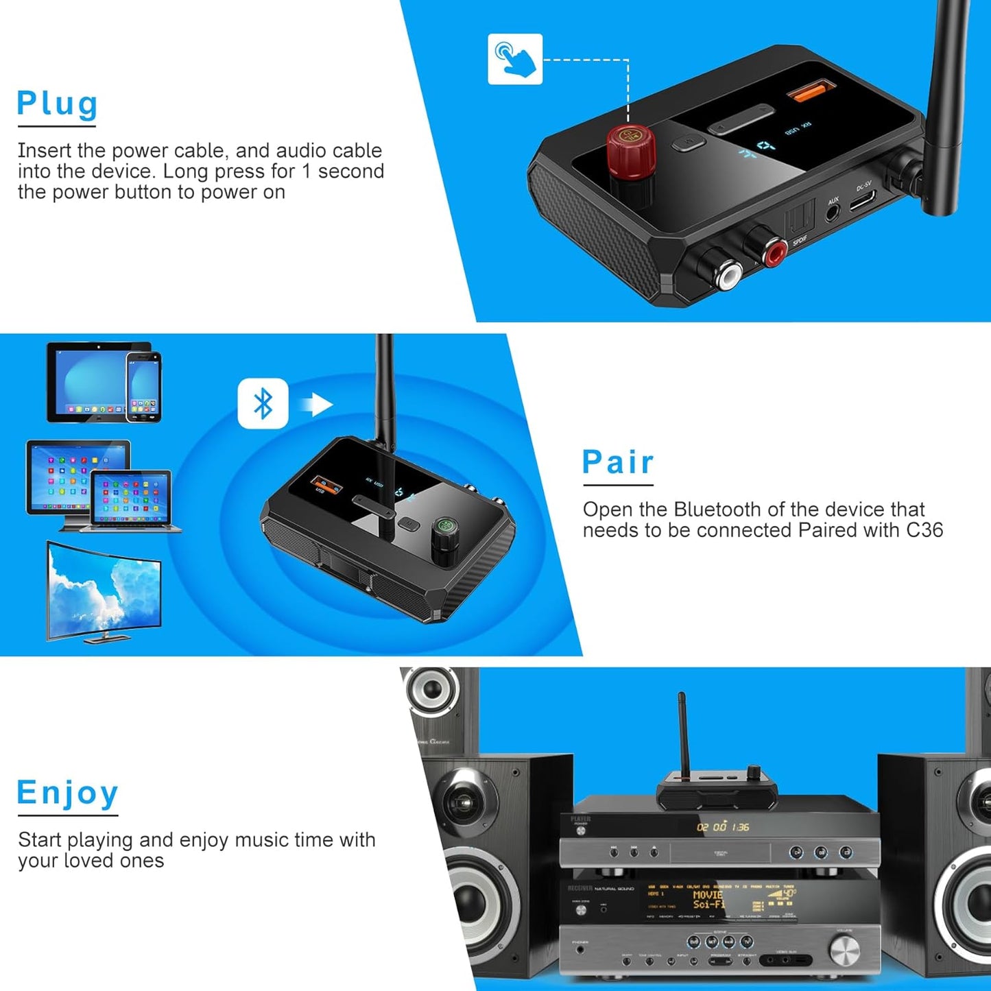 FancyWhoop 5.3 3.5mm Bluetooth Receiver for Home Stereo, RCA Bluetooth Adapter, Optical AUX Low Latency HD Music Audio