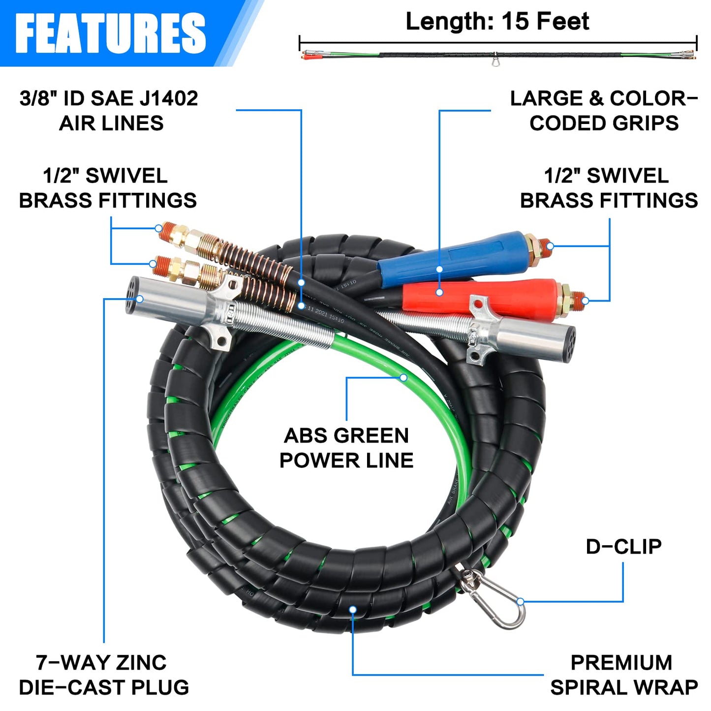 YiaChuii 15ft 3 in 1 ABS & Power Air Line Hose with Glad Hands & Gladhand Handles for Tractor Trailer Semi Truck