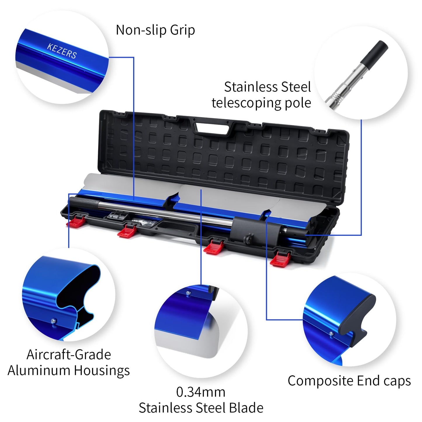 KEZERS Drywall Skimming Blade Set-7",10",14",16" & 24" Skimming Blades + 35"-81" Extension Handle, Stainless Steel Construction Knife,Smoothing Drywall Knife,Extruded Aluminum,High Impact End Caps
