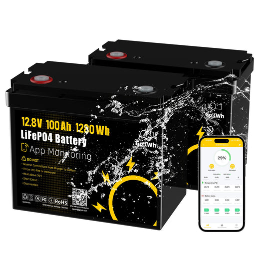 (2-Pack) 12V 100Ah LiFePO4 Marine Battery with Bluetooth APP, 1280Wh Deep Cycle Trolling Motor Battery, Built-in 100A BMS, 4000+ Deep Cycles, for Boat, RV & Off-Grid Solar System