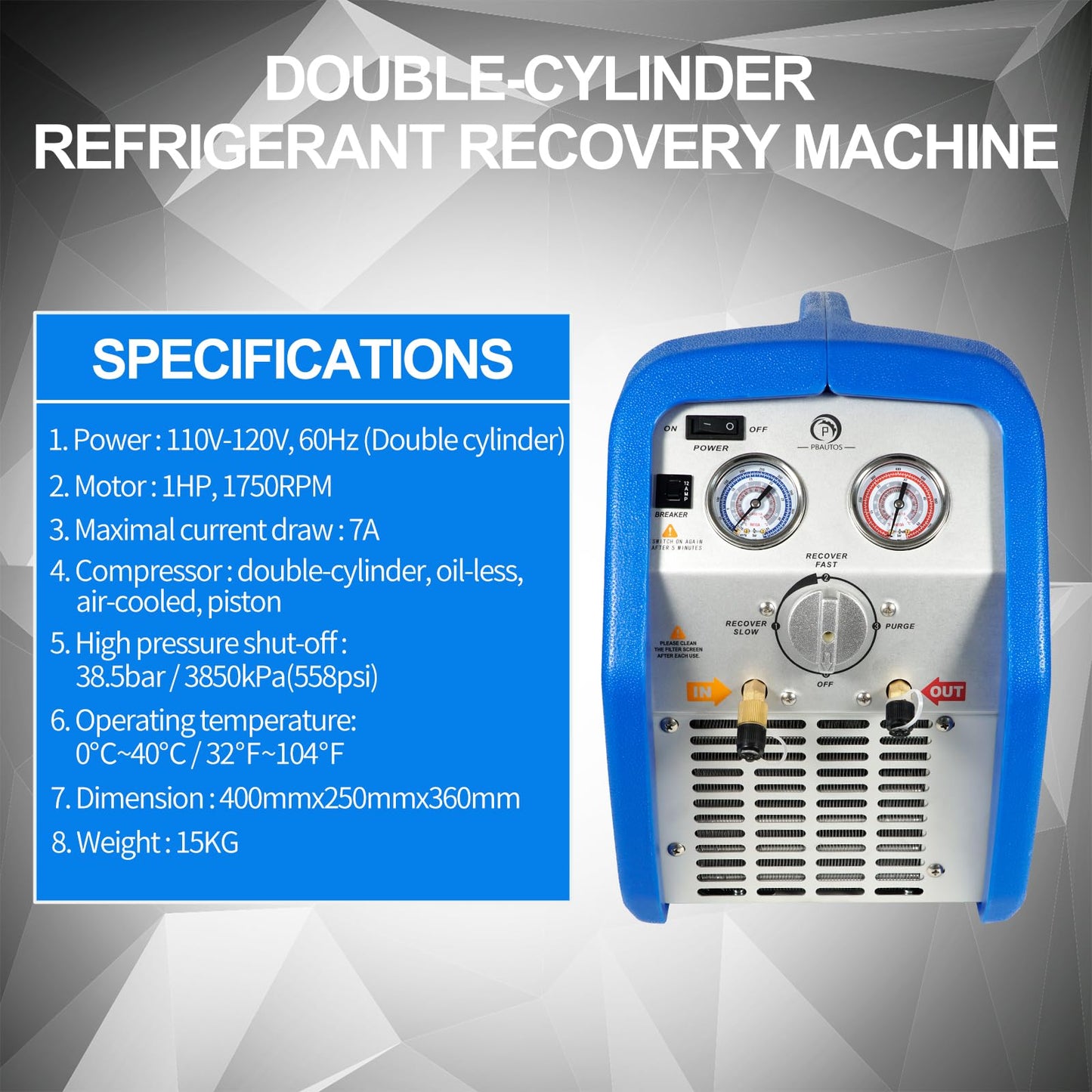 P PBAUTOS 1HP Dual Cylinder Refrigerant Recovery Machine, 110V-120V 60Hz Portable Oil-less Freon Recycling Unit for Both Liquid and Vapor Refrigerant, for Automotive A/C System, Household HVAC System