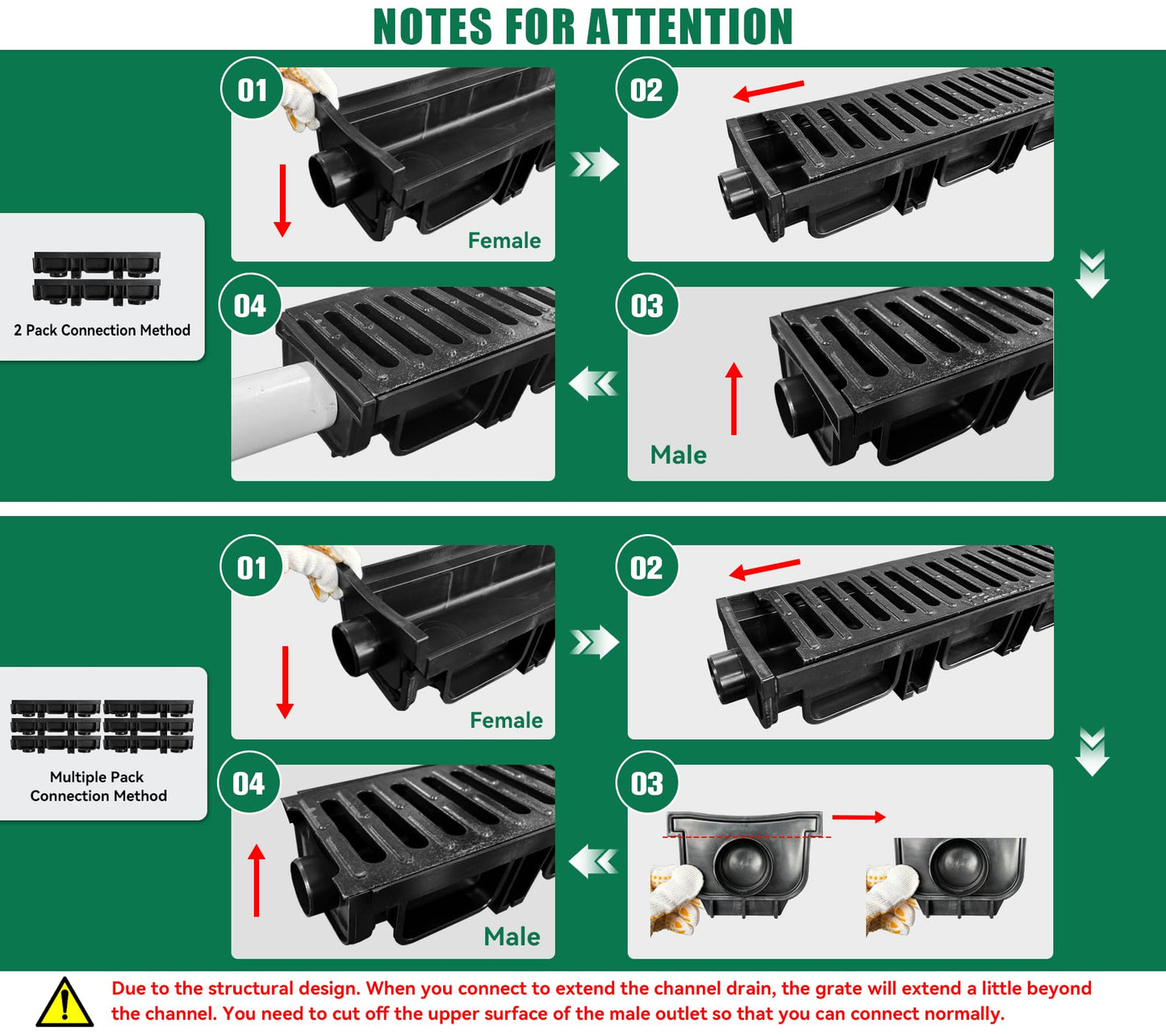 Natotela B Class Driveway Channel Drain with Ductile Iron Grate-19.7Lx5.5Wx3.9H in. Trench Drain System,12 Pack Total Length 236.22in,Heavy Duty Trench Drainage for Garage,Parking Lot,Concrete
