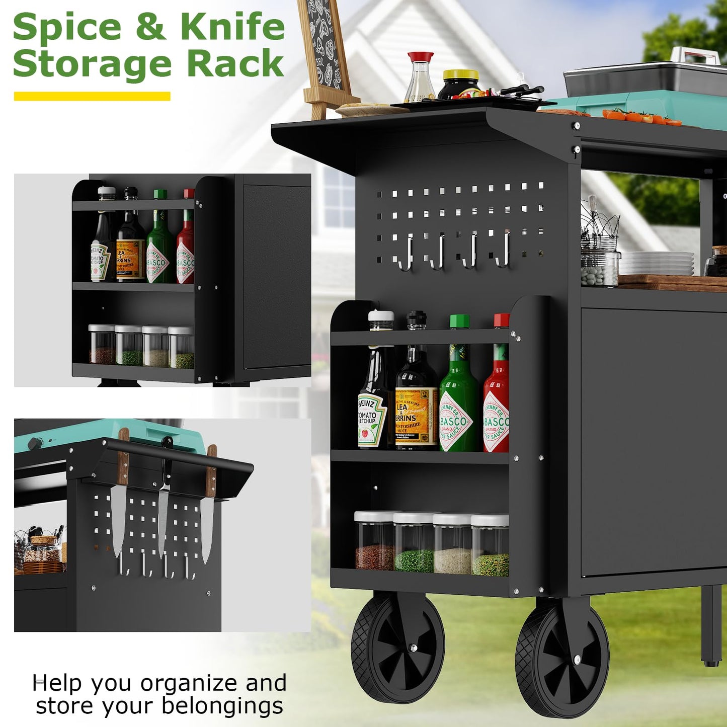 Eltean Grill Table,Outdoor Grill Cart with Storage,Outdoor Kitchen Island with Wheels,Foldable Tabletop for Prep,Patio BBQ(Metal)