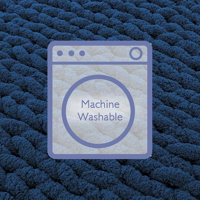 Bigacogo Chunky Knit Throw Blanket for Couch, 51x63 inches, 100% Hand Knitted with Thick Jumbo Chenille Yarn, Cozy Soft Large Rope Knot Cable Crochet Blankets for Sofa Bed Living Room, Navy Blue