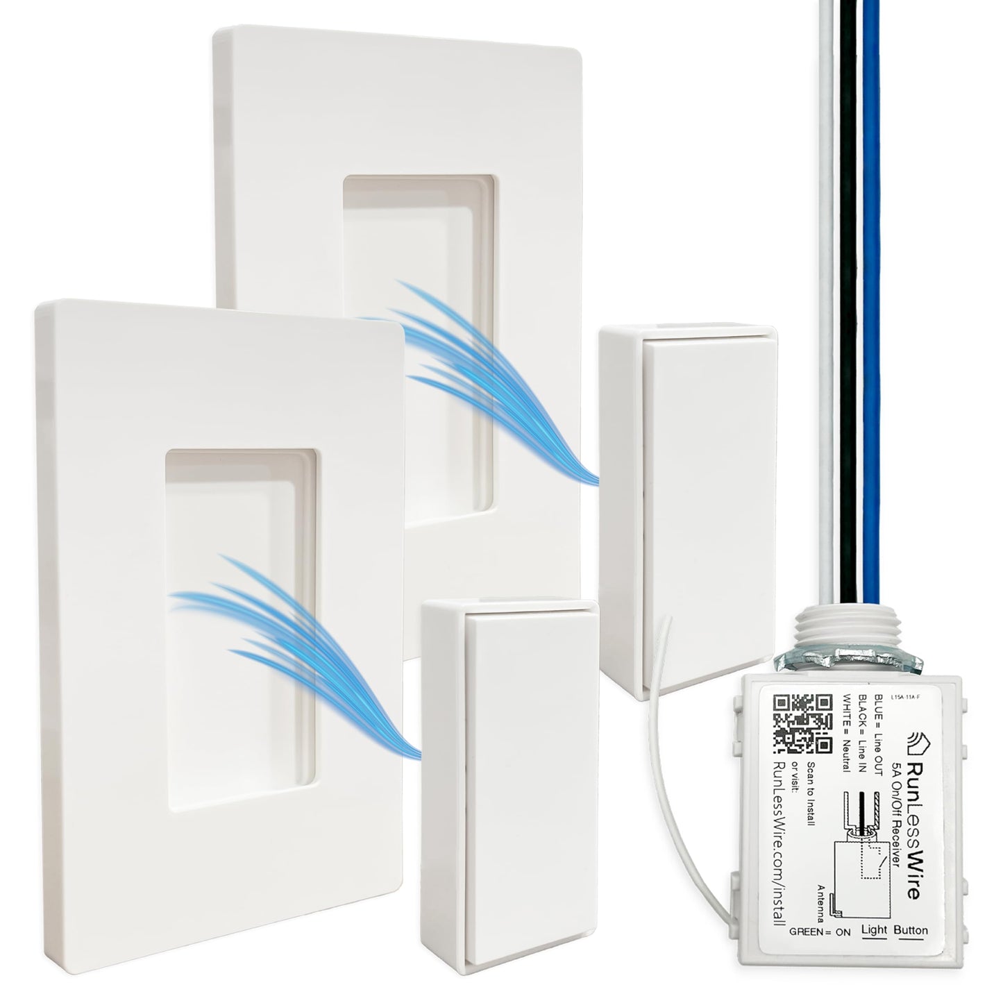 RunLessWire 3-Way Detachable Battery-Free Wireless Light Switch Kit 150ft RF Range for DIY Home Electrical Projects: 2 Removable Magnetic Remote Switches Control 1 5A On/Off Receiver - White