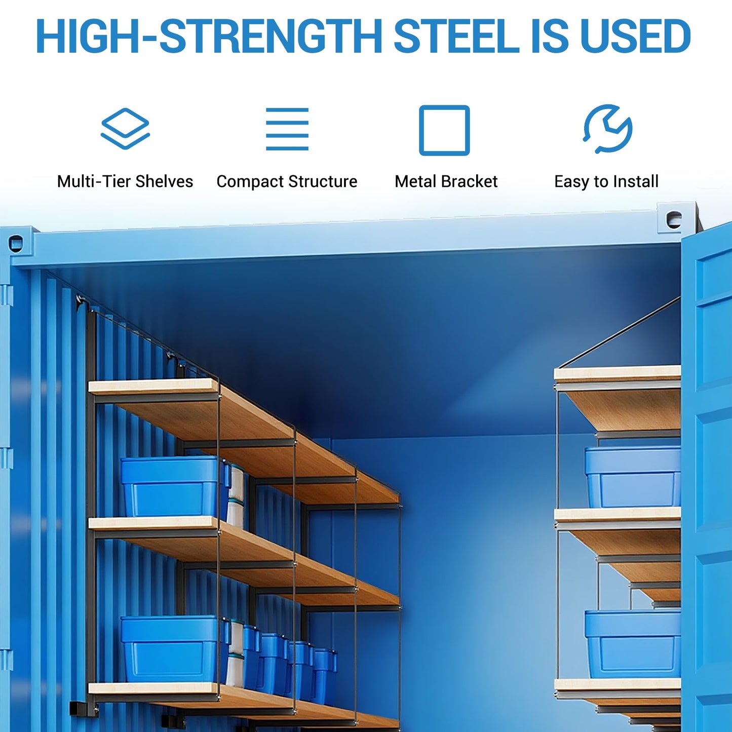 GAOMON 8 Pack Shipping Container Shelving Bracket, 3-Tier Adjustable Black Power Coated Steel Brackets, 22"x60", 1100LBS Hanging Type Cargo Containers Storage Rack for Heavy Tools/Equipment