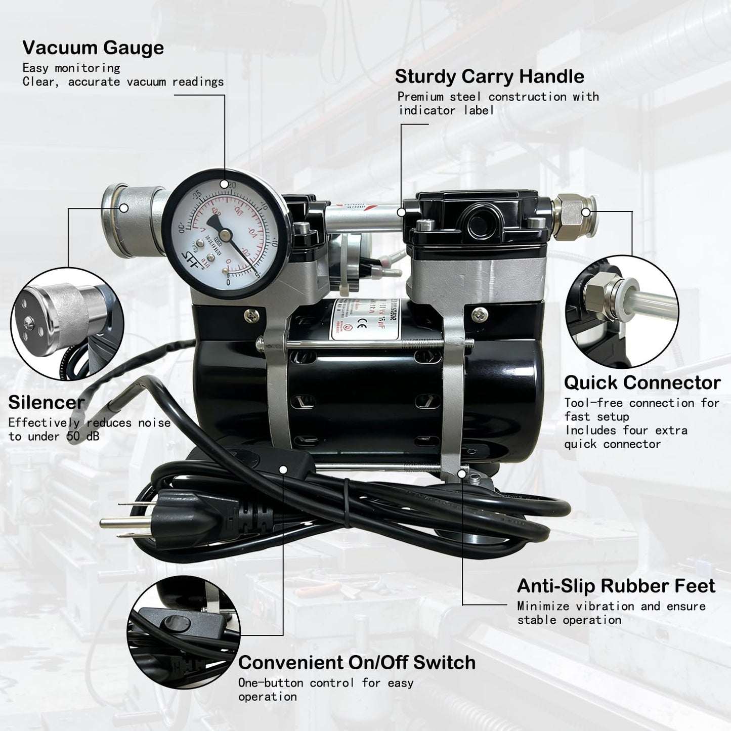 Oilless Vacuum Pump 50 L/Min, 180W Electric Vacuum Pump with Switch & Vacuum Gauge, Low-Noise Aluminum Silencer, 4 Hose Connectors, for Laboratory, Electronics & DIY Use