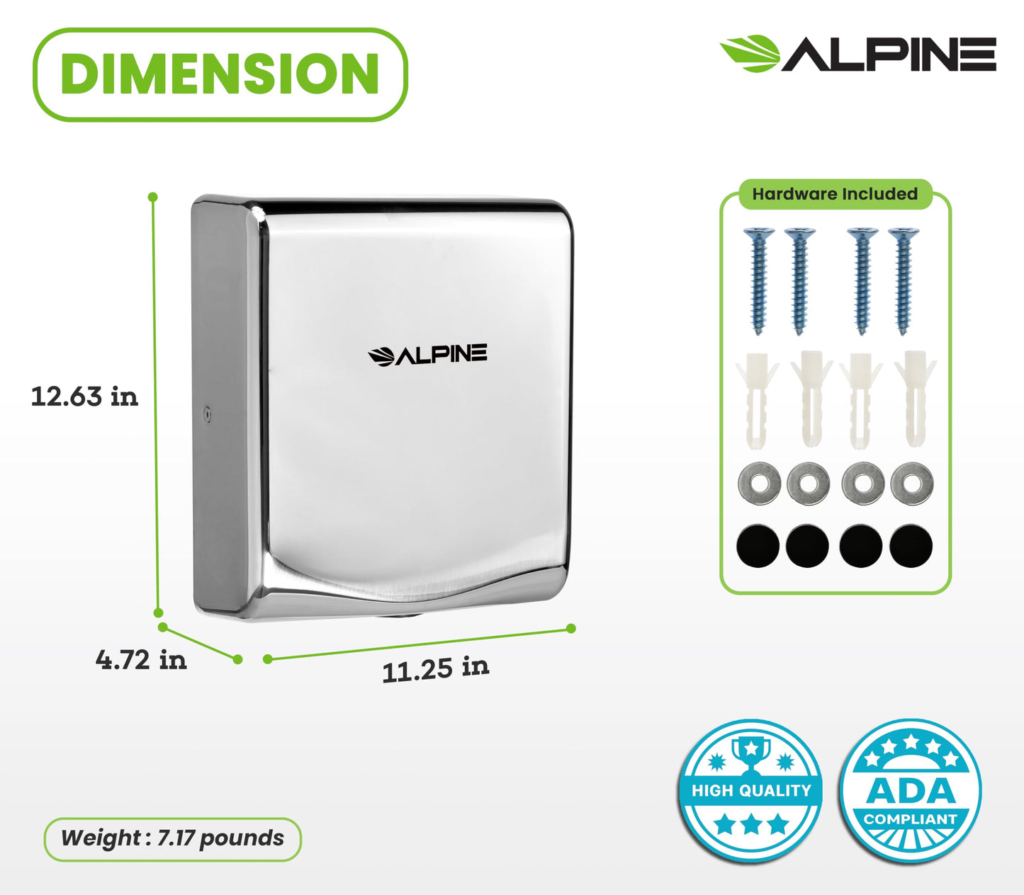 Alpine Commercial Hand Dryer with HEPA Filter, 8 Seconds Extreme Speed Electric Hand Dryer for Home Bathroom/Restaurant with Heat & Speed Control - ADA Compliant (120V Chrome)