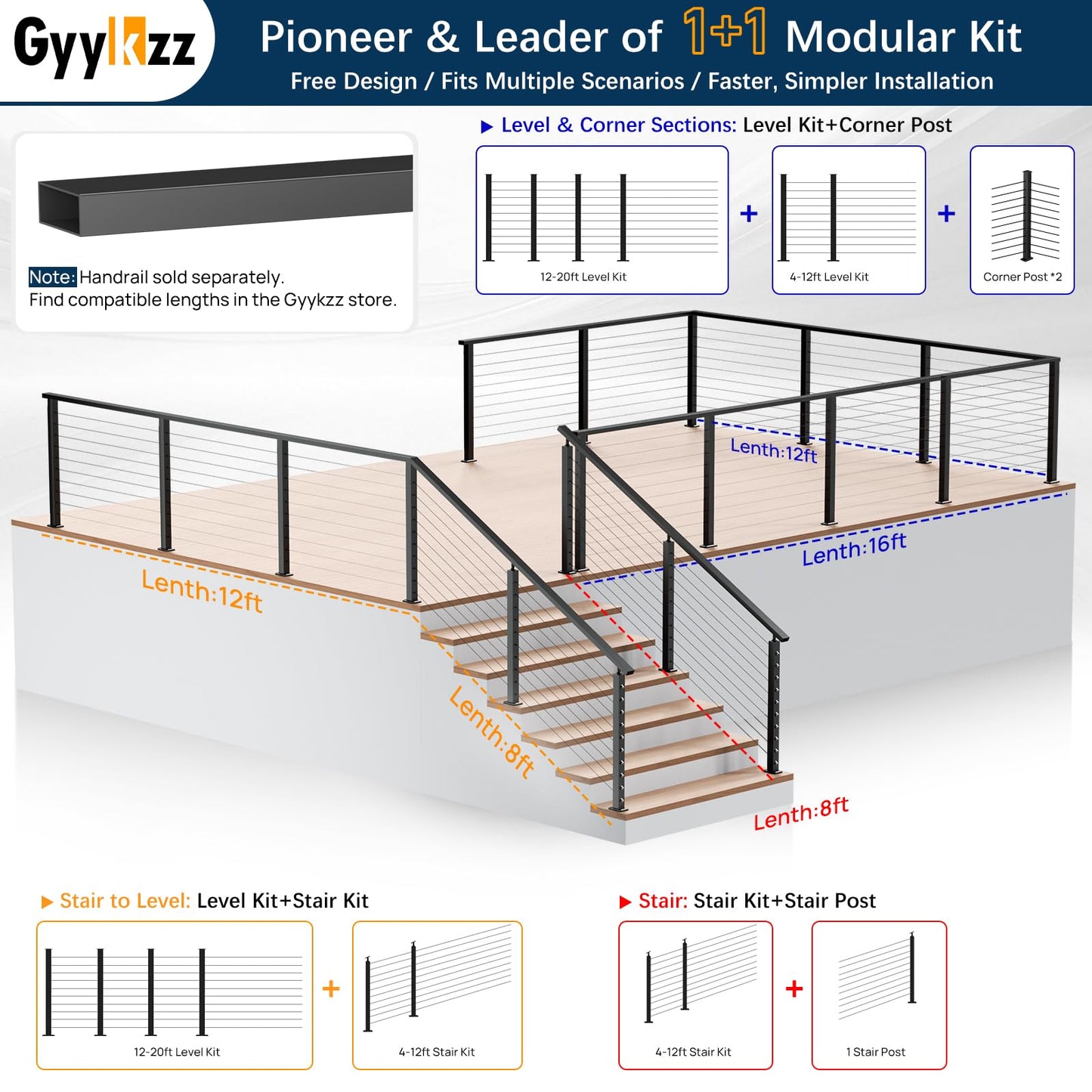 Gyykzz 36" Cable Railing Corner Post, L-Drilled Stainless Steel T304 Corner Rail Post, Upgraded Black Powder Coated One-Post Corner Solution, Wire Metal Post for Indoor Outdoor Deck Railing