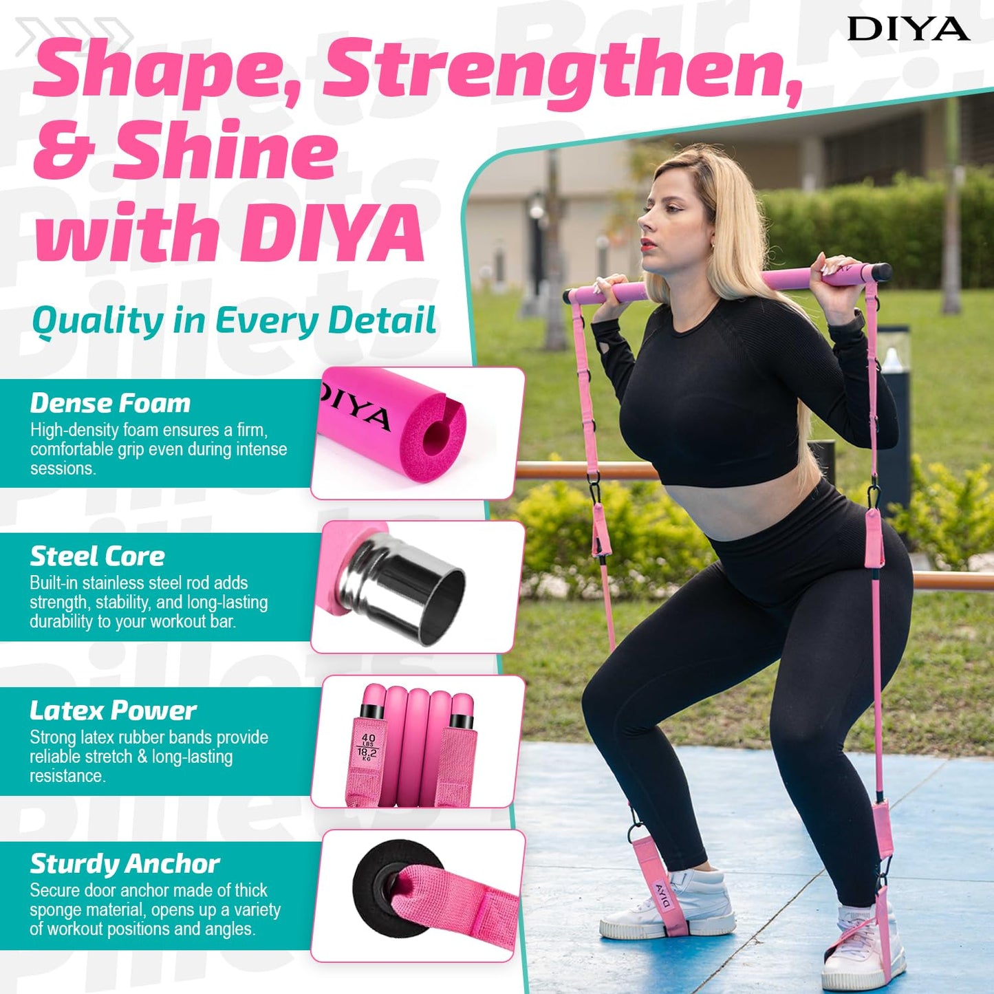DIYA Pilates Bar Kit with Resistance Bands 140 lbs – Adjustable Portable Home Gym Workout Equipment for Women & Men – Full Body Fitness Bar for Legs, Glutes, Arms, Core & Back