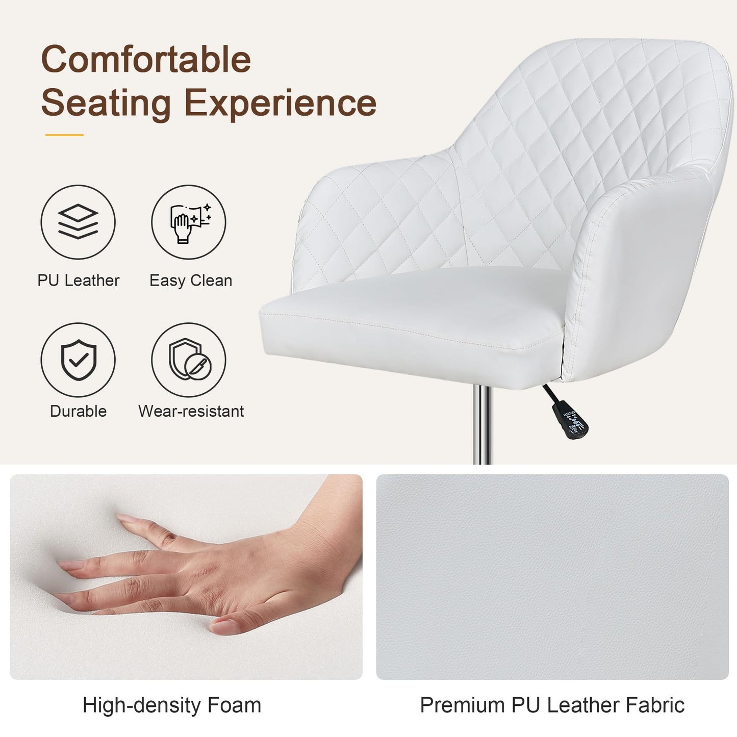 VECELO PU Leather Drafting Chair with Low Back and Footrest Ring, Height Adjustable, Swivel Rolling Wheels, for Drawing/Standing Desk/Office, White
