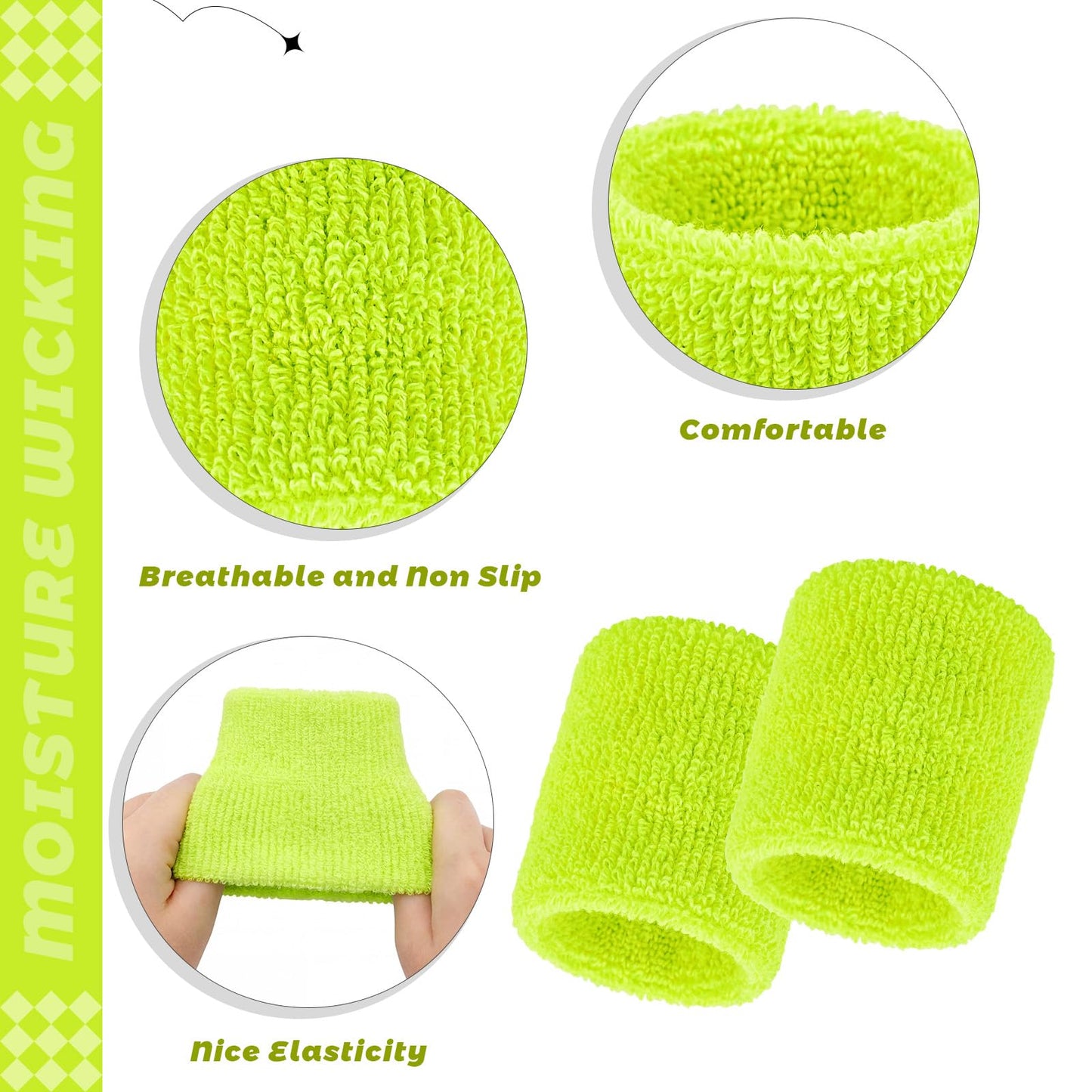 Bememo 24 Pcs Wrist Sweatbands Bulk Sports Wrist Bands for Men Women Breathable Athletic Tennis Wristbands Stretchy Absorbent Cotton Terry for Basketball, Baseball, Gym, Working Out(Neon Yellow)