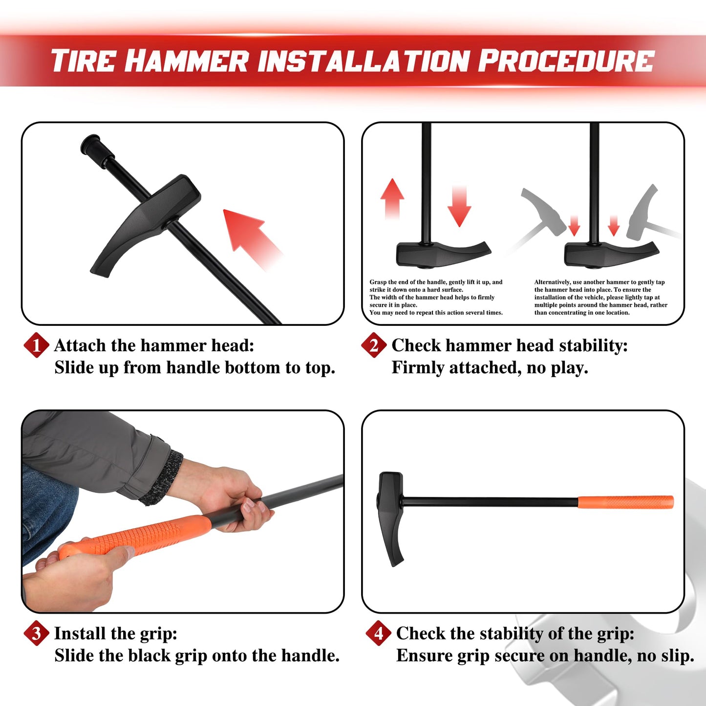 Tire Hammer Bead Breaker & Mount Demount Tool Set for 22.5-24.5 Semi Truck Bus Tires, Manual Tubeless Tire Changing Kit w/ Duck-Billed Wedge, 3-Piece Lever, Bead Keeper - Heavy Duty for Car Repair