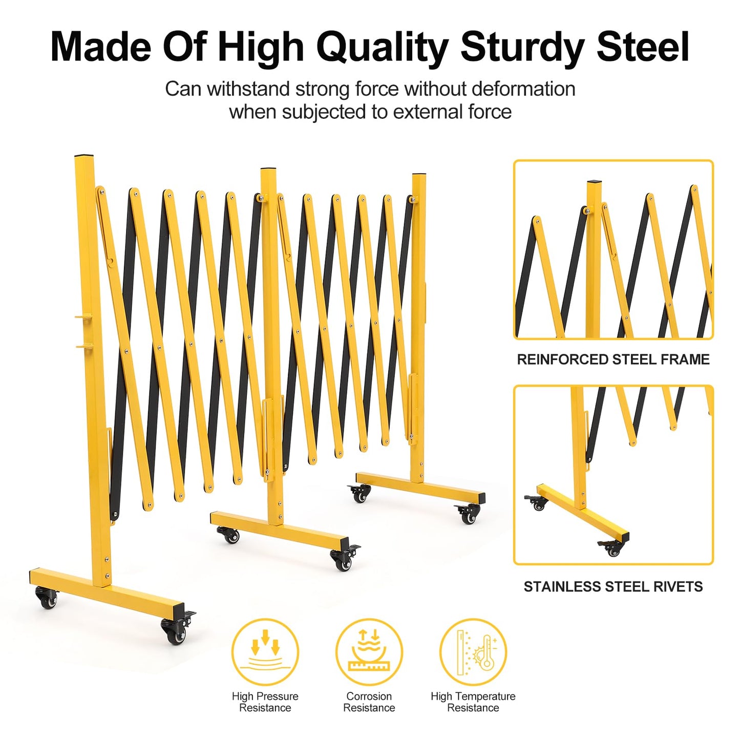 16 FT Industrial Expandable Barricade, Folding Security Gate with Wheels, Heavy-Duty Traffic Control Barrier for Construction Site, Garage, Cordon