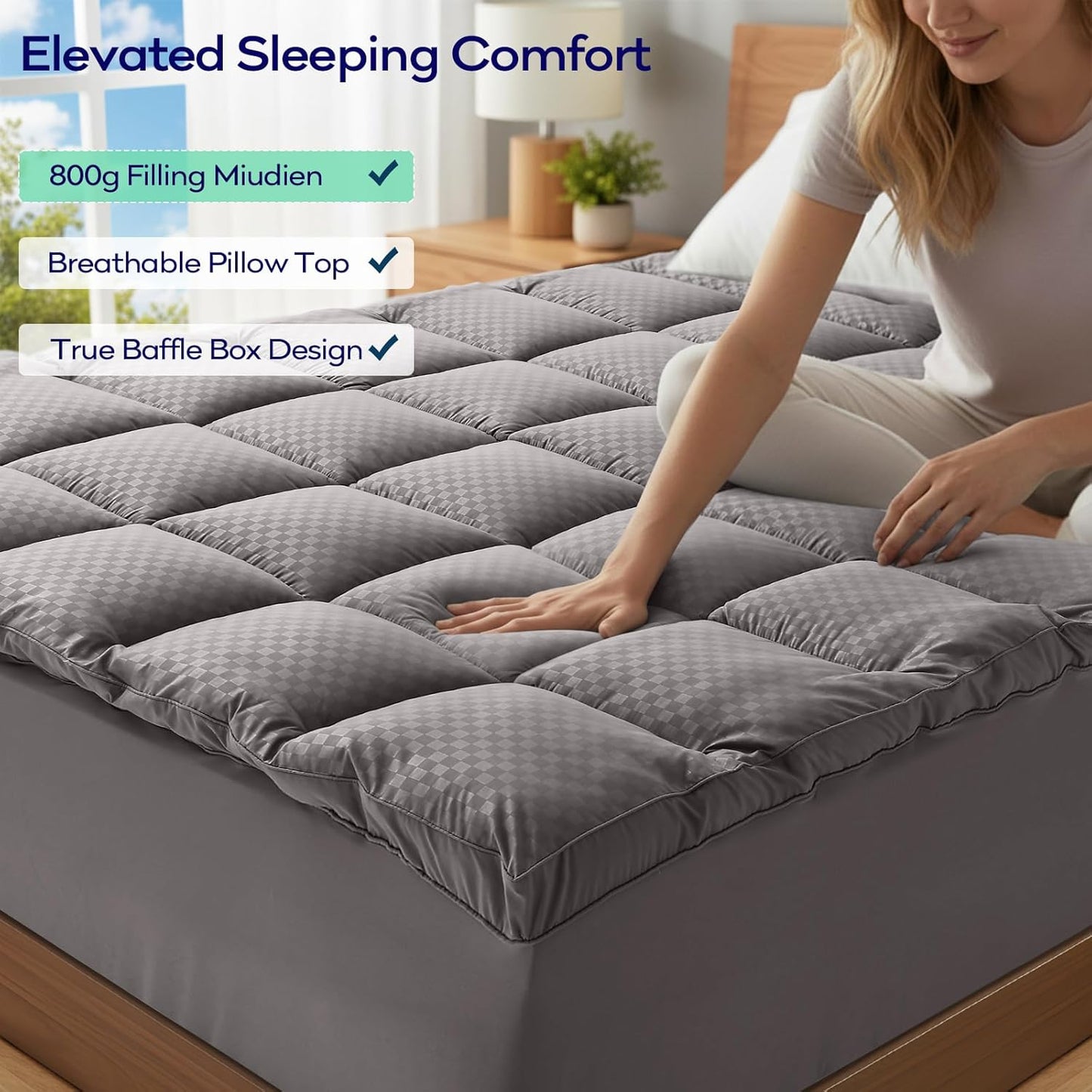 OLANLY Queen Size Memory Foam Mattress Topper - Dual-Layer 4 Inch Cooling Pillow Top, Light Grey
