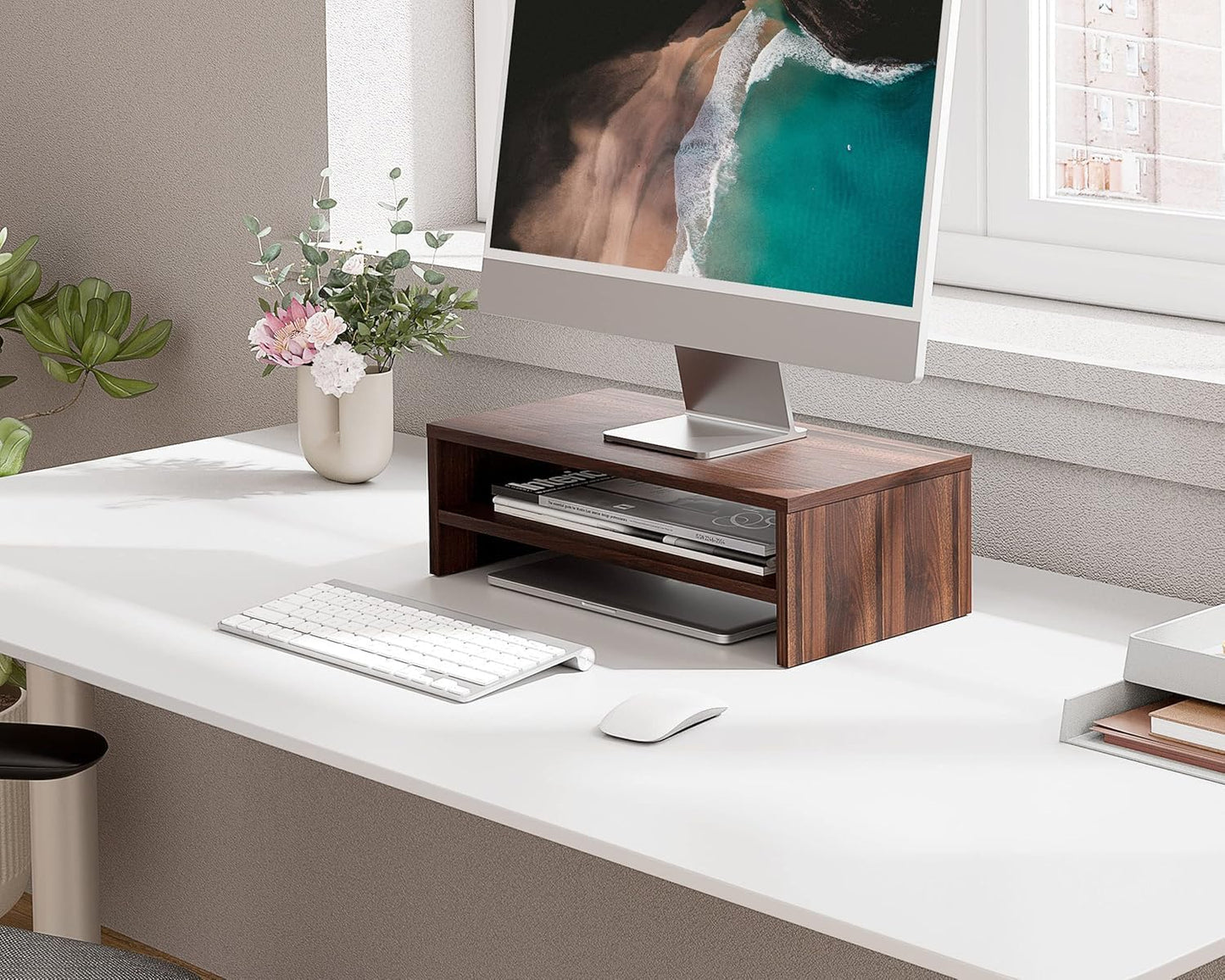 2 FITUEYES Monitor Stand - Tier Computer Monitor Riser Shelf, Wood Desktop Stand for Laptop Computer Screen, Desk
