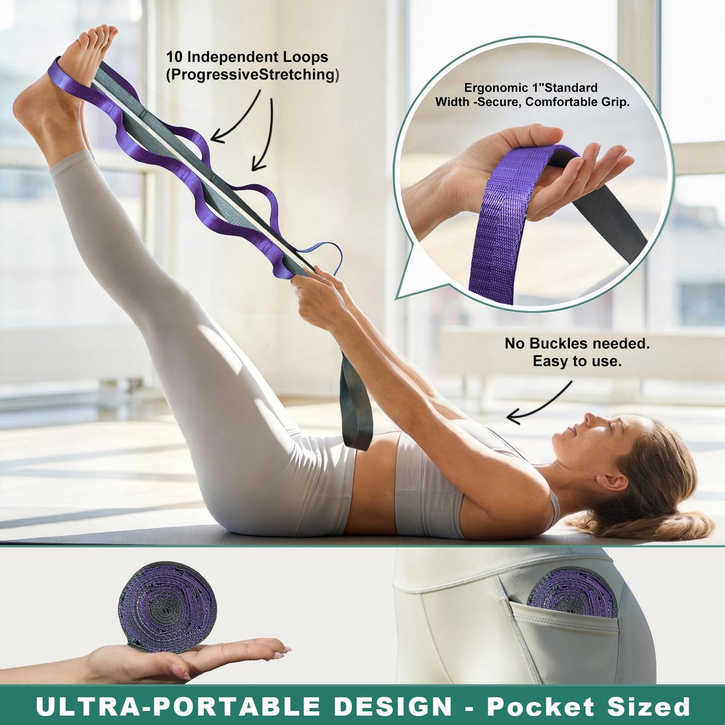 Acozycoo Stretching Strap with 10 Loops – Non-Elastic Yoga Strap for Physical Therapy, Knee Replacement Recovery & Plantar Fasciitis – Leg Stretcher Band for Flexibility & Hamstring Rehab（Purple)