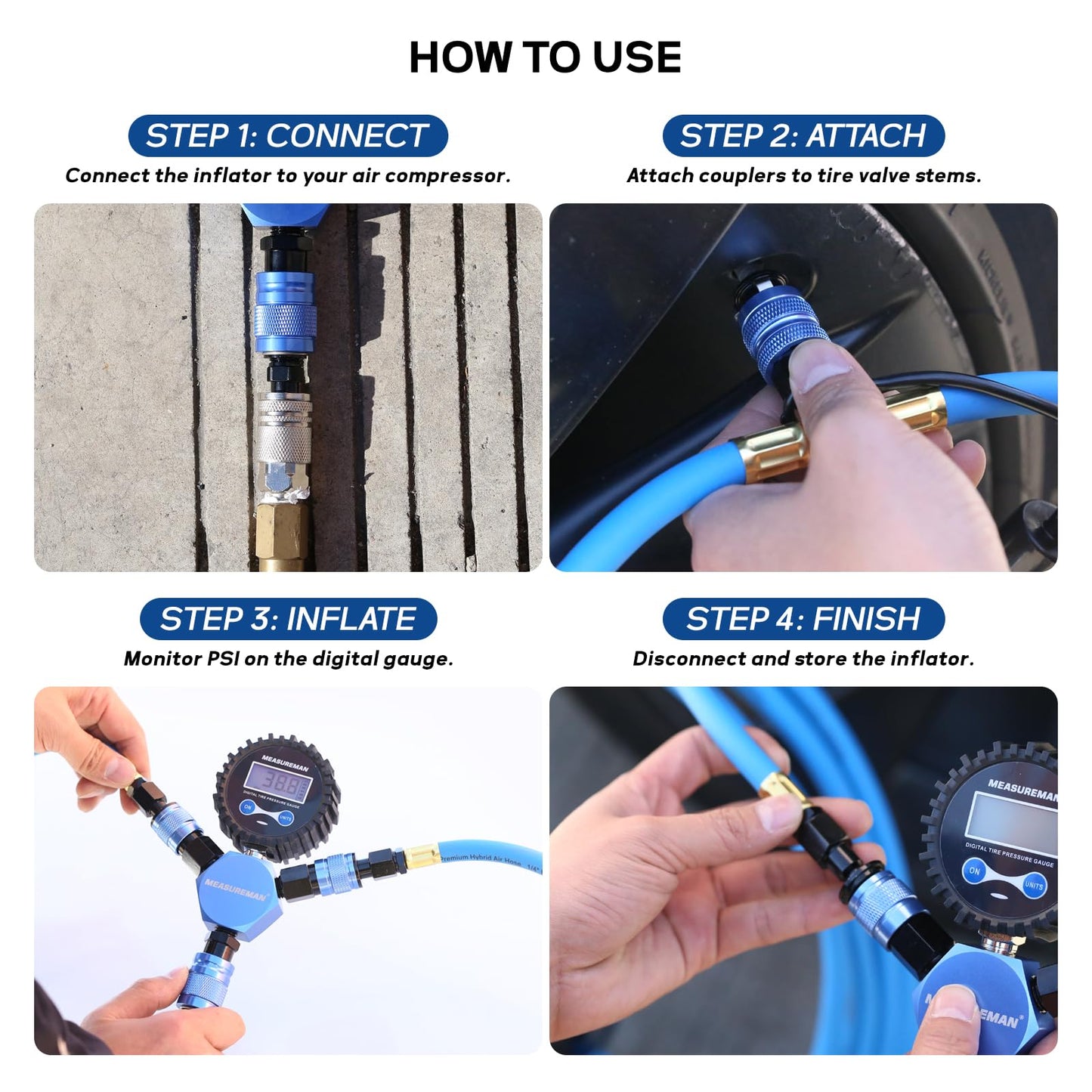 MEASUREMAN 4-Wheel Rapid Air System, 4 Units & LCD Backlight, Portable Off-Road Tire Inflation Deflation Kit with Digital Equalizer Gauge for Overlanding and Vehicle Adjustment