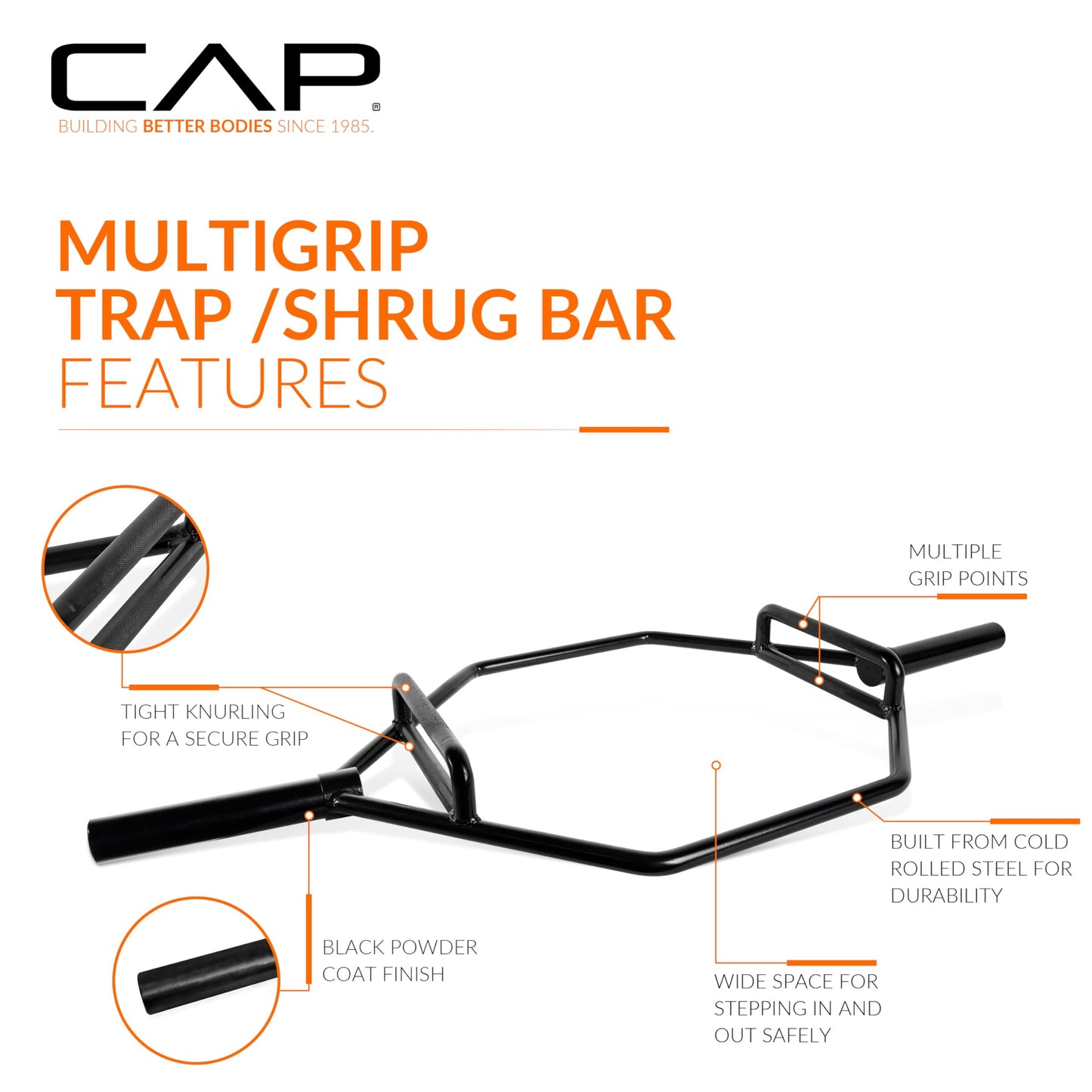 CAP Barbell Olympic Hex / Trap /Shrug /Deadlift Bar with Combo Grips, Black - New Version (OBIS-89HB)
