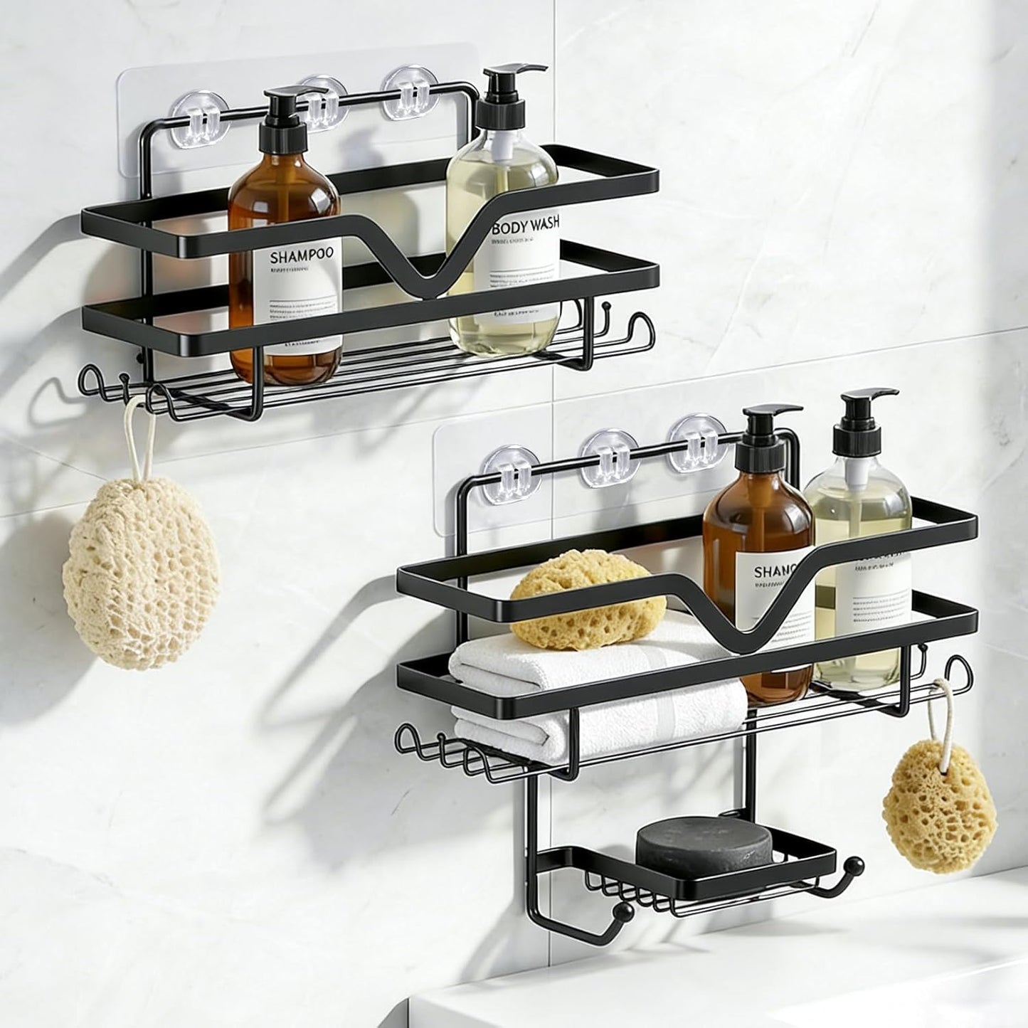 Regine Switzerland Shower Caddy 3 Pack - Rustproof No Drill Organizer with Soap Dish & Hooks | Black