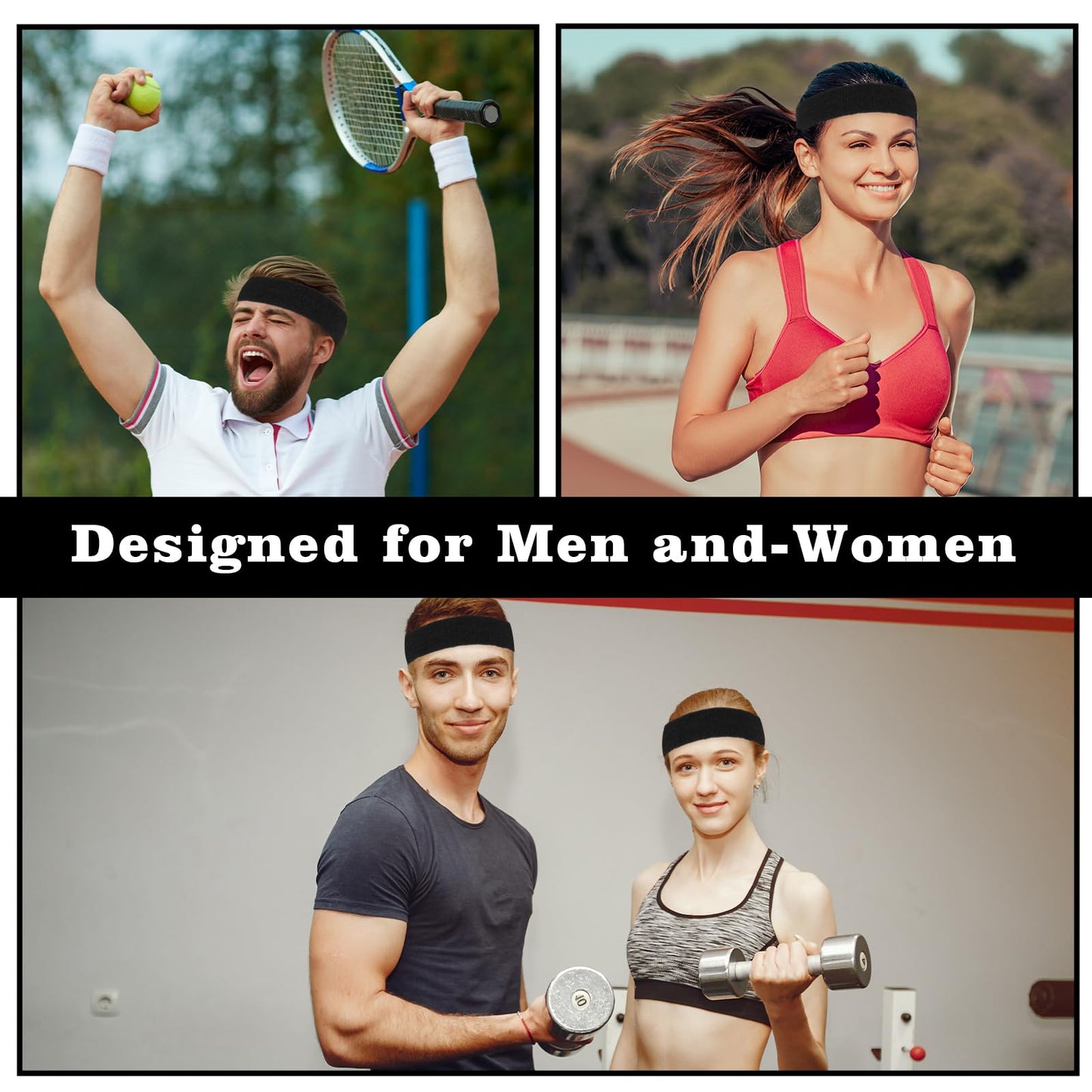 DOPENSPI 4PCS Sweat Band, Black Sweatbands Sport Headband for Men Women Polyester Moisture Wicking Head Band for Athletic Exercise Running Tennis Basketball Yoga Fitness Working Out
