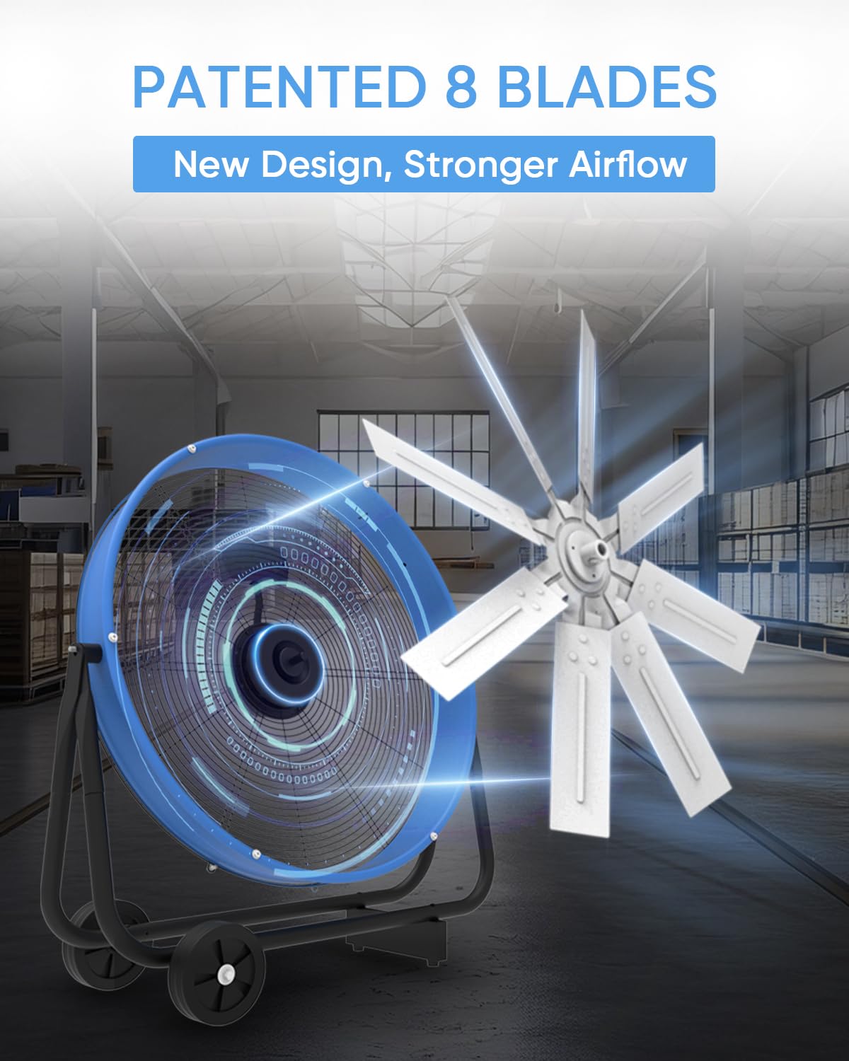 KEN BROWN 24 Inch Industrial Drum Fan, High Velocity Floor Shop Fan, Heavy Duty, 9500 CFM, 8 Blades, 3 Speeds, 360 Degree Tilt, Ideal for Industrial, Commercial, Gym, Garage Use, Blue