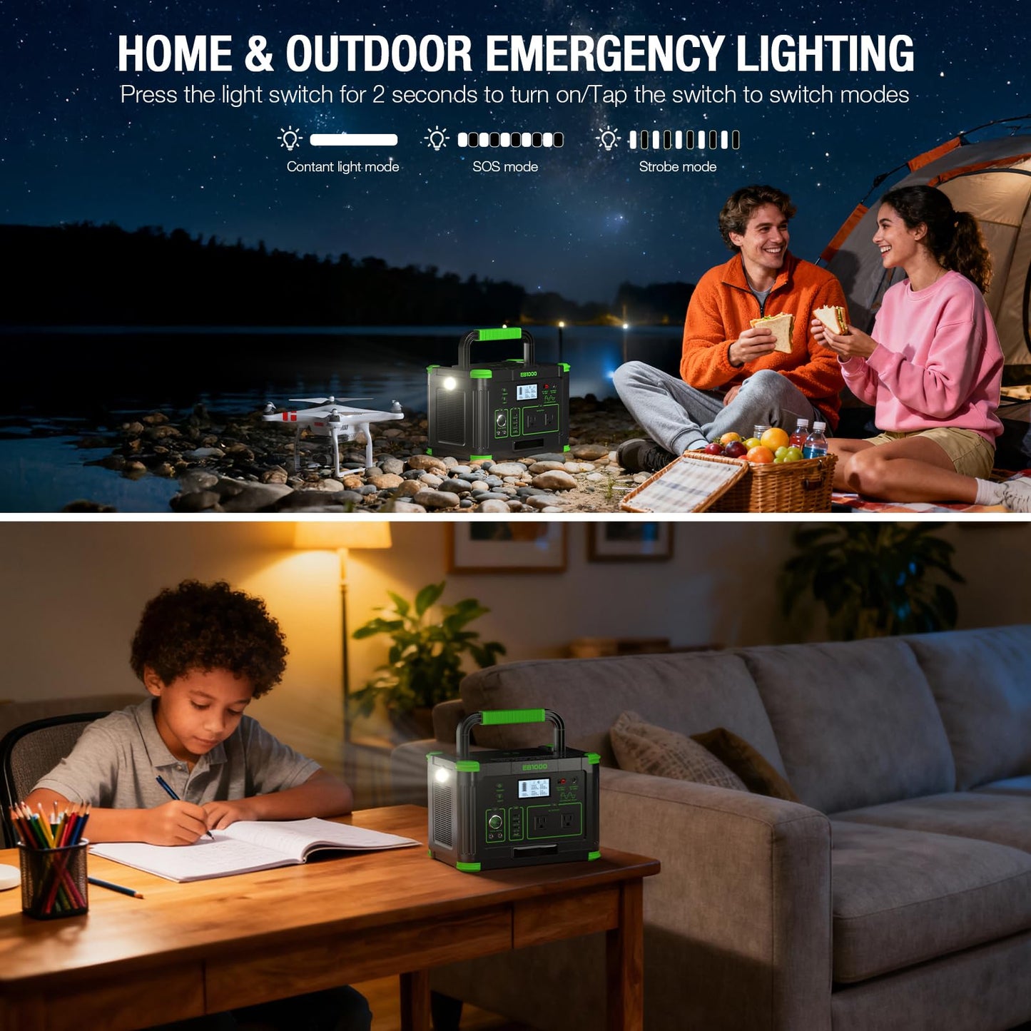 Portable Power Station 1000W, 999Wh Solar Generator, 110V Pure Sine Wave AC Outlets, 60W USB-C PD Fast Charging, 10 Ports for Outdoor Camping RV Van Home Backup Emergency Off-Grid Living（2000W Peak）