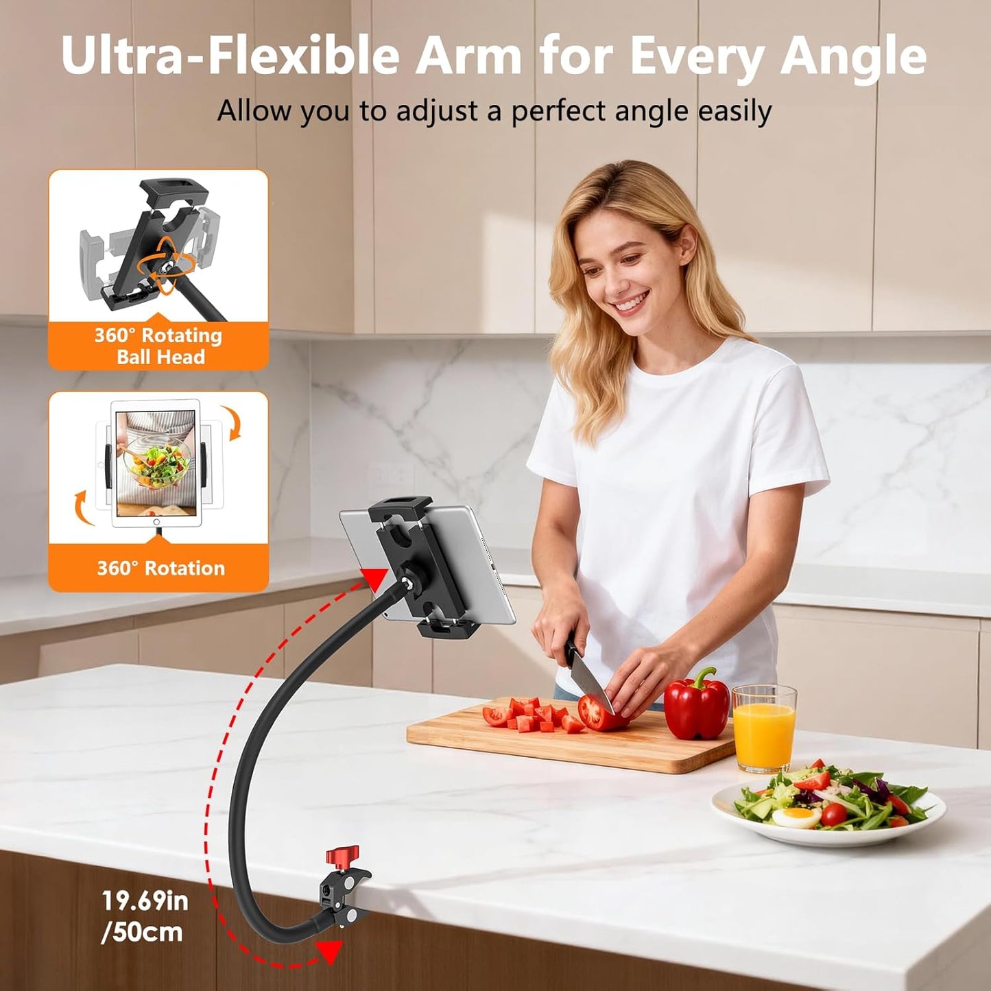 LRDXY 19.69in 4-13" Gooseneck Tablet Holder, Metal Crab Clamp iPad Mount for Stroller/Treadmill/Golf Cart/Boat/Mic