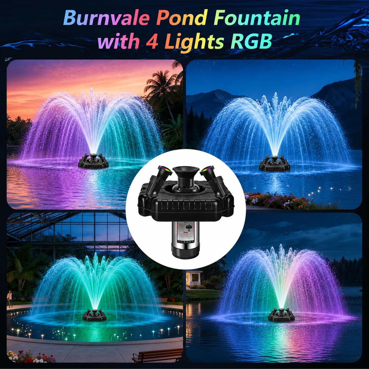 Burnvale Pond Fountain Aerator, 1HP 110V 750W Floating Pond Fountain, With4 RGB Lights，100 FT Power Cord，Waterproof Timer，2x100 FT Traction Rope，Floating Water Fountains for Ponds