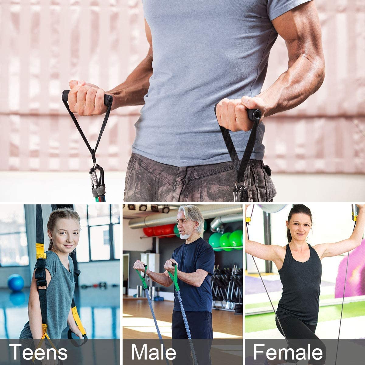 KARLOR Pack of 2 Grip Exercise Handle for Resistance Bands, Replacement Fitness Equipment with 2 Carabiner Hooks Clips, Pull Down Workout Accessories for Home Gym Fitness, Triceps, Rope, Yoga Stretch