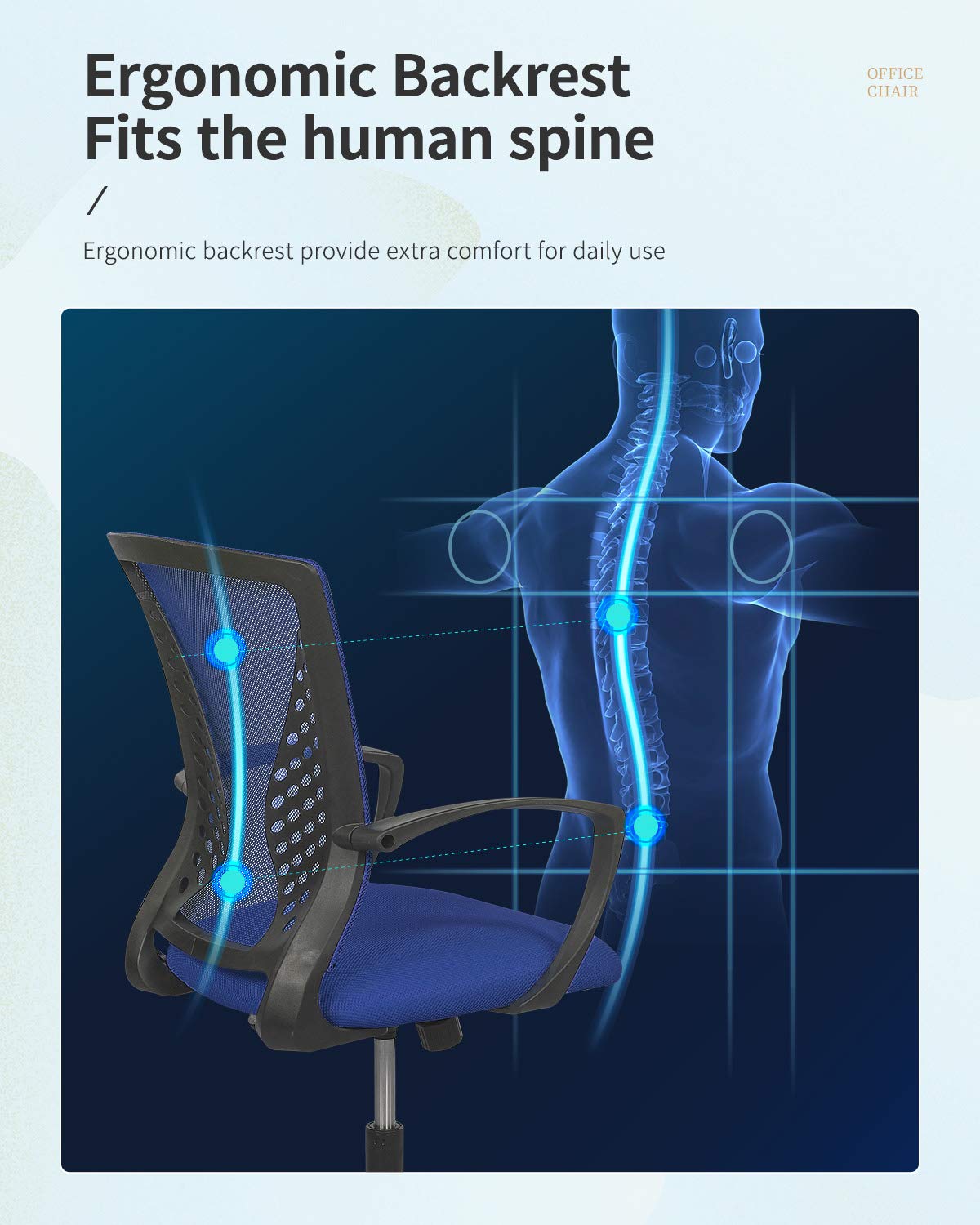 Home Office Chair Mid Back PC Swivel Lumbar Support Adjustable Desk Task Computer Ergonomic Comfortable Mesh Chair with Armrest (Blue)