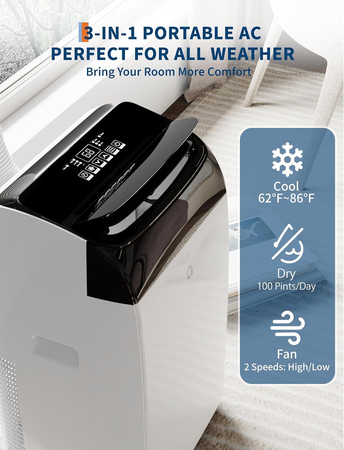 14000 BTU Portable Air Conditioners 3 in-1 Portable AC Unit, Cools Up to 750 Sq Ft, LED Touch Panel & Remote Control | Installation Kit Included | 3 Speed, Auto Swing, 24H Timer, for Large Room