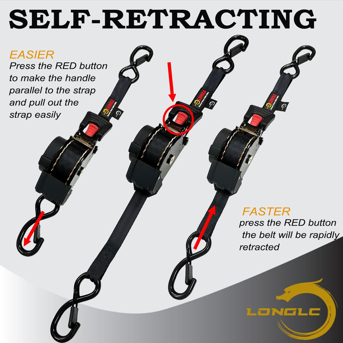 LONGLC 4-Pack Retractable Ratchet Straps Black Heavy Duty - 1 Inch X 10Feet with Soft Loops, 2,000lbs Breaking Strength - Best for Trucks, Cargo Trailer, Motorcycle, Tie Down Straps Ratchet