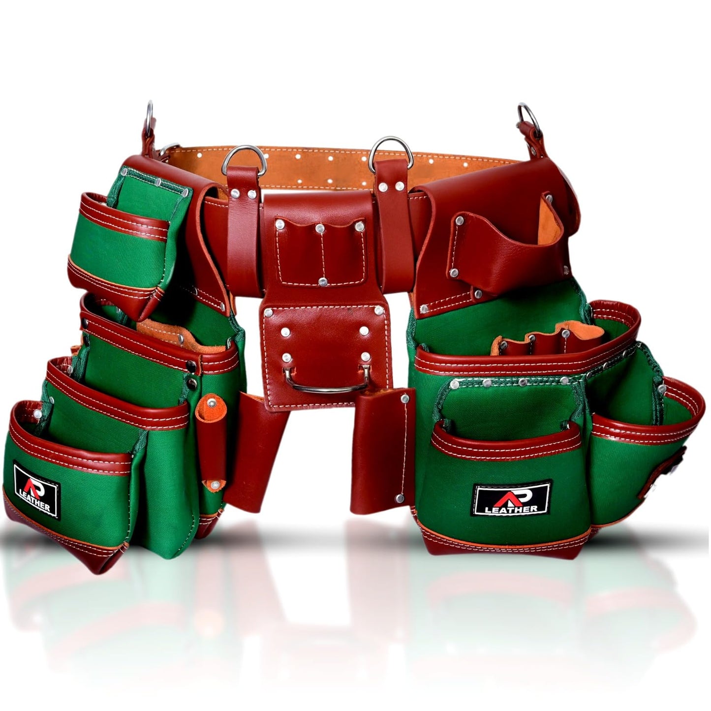 AP-LEATHER Full Grain Leather & Nylon Heavy-Duty Tool Belt Pouch with Suspender & Nylon, 28 Pocket, EVA Foam Padded Comfort, Adjustable 30"-50" Fit (Green)
