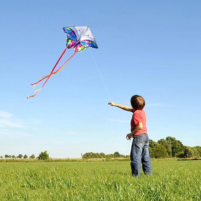 Simxkai Butterfly Kite for Kids & Adults, Easy to Fly Blue Big Kite for Beginners, Line Handle Included (1Pack 2Pack)