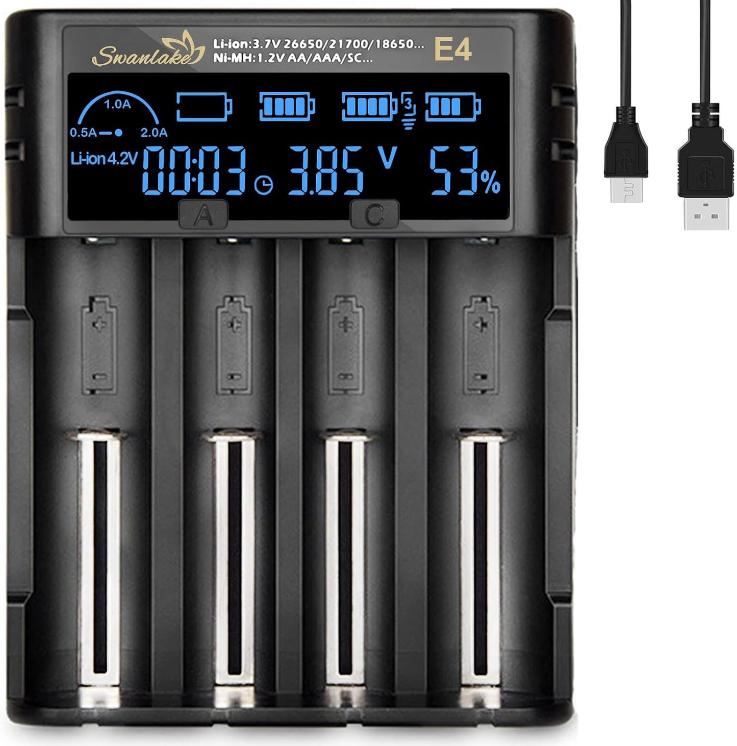 Swanlake 18650 4 3.7v 18650 26650 21700 18500 10400 Battery Charger, Bay Rechargeable Battery Charger with LCD Display