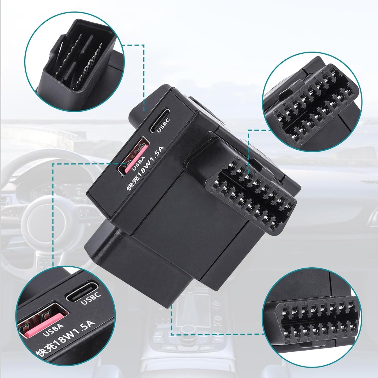 AUTANCTOR OBD2 1-to-2 1-Press 18W 16-Pin Splitter Adapter with Power Cut Switch & USB Fast Charging Car OBD Port