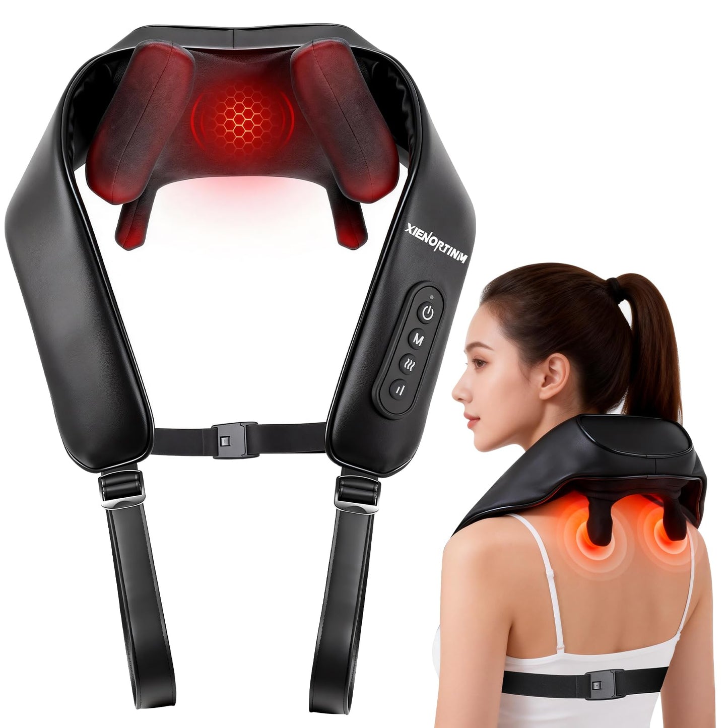 XIENORTINM Cordless Shiatsu Neck and Back Massagers with Heat, Rechargeable 4D Kneading + Tapping Wearable Massager, 3 Tapping Intensities, 3 Speeds, Ultra-Quiet Under 45dB for Deep Muscle Relief