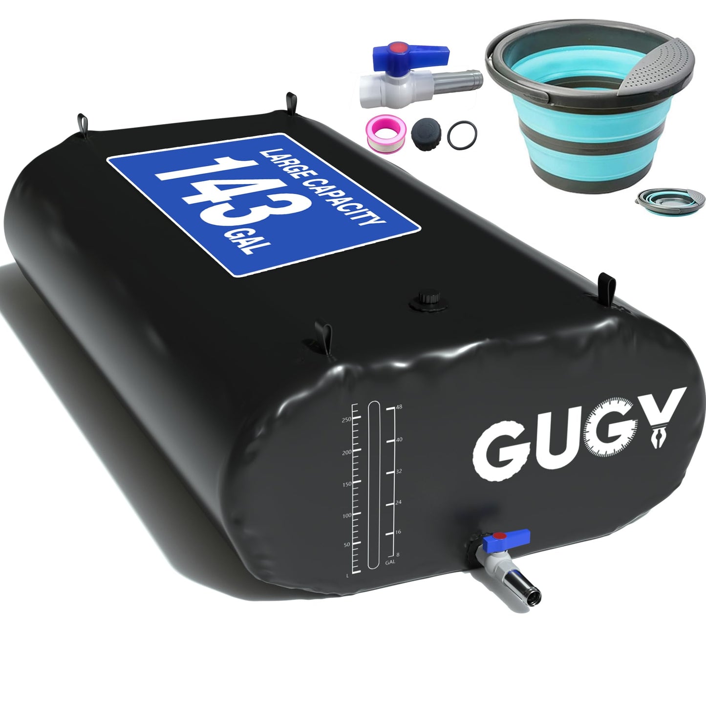 GUGY Portable 143 Gallon Water Bladder for Truck Bed,Carrier Cart Large Water Bob Bathtub Emergency Water Bladder for Outdoor RV & Car Camping Water Storage Bladder with Spigot,Overflow Kit-Black 540L