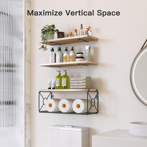 Amada Bathroom Shelves - Over Toilet Storage with Basket | Floating Wall Shelf for Home Organization - Natural Wood