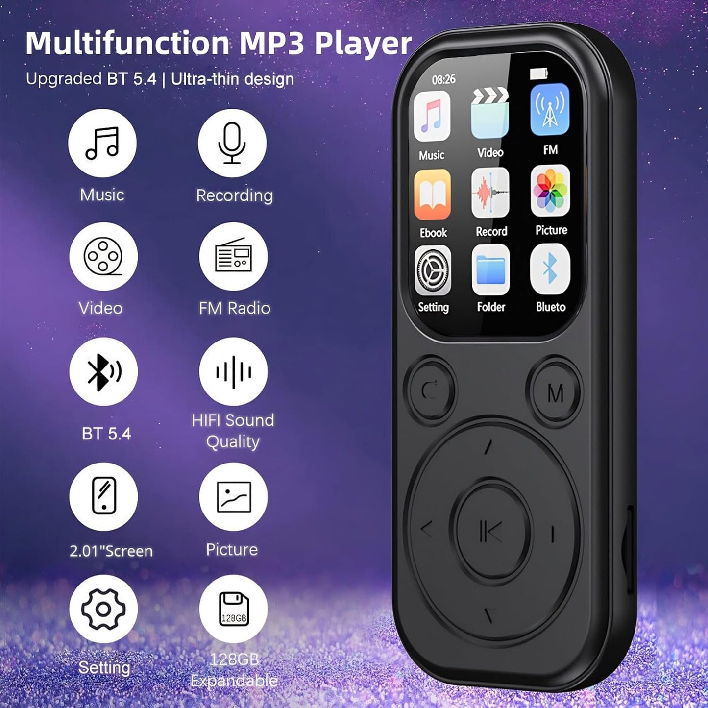 Yoidesu MP3 5.4, 2.01in 128G, 3.5mm Player with Bluetooth Portable Music Player HiFi Sound with Screen, Enjoying