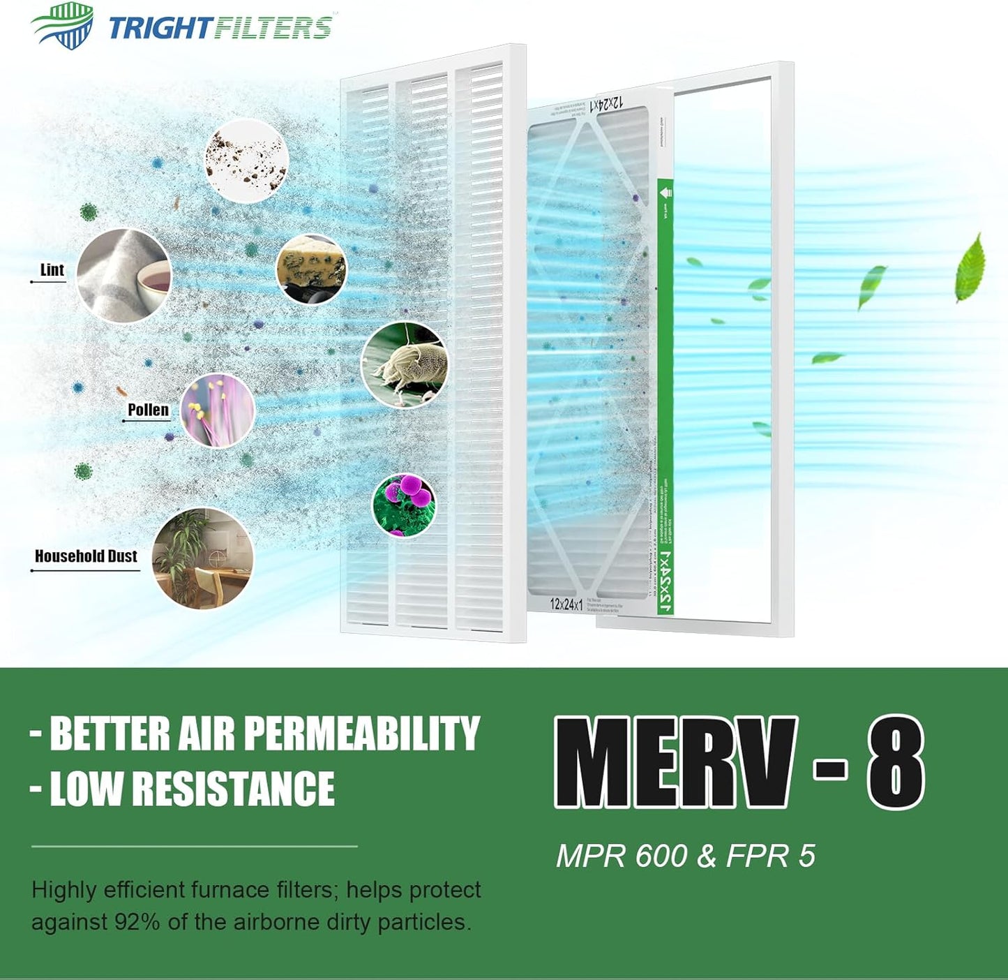 TRIGHTFILTERS 12x24x1 Air Filter - MERV 8 Pleated Dust Defense | 4-Pack Replacement for HVAC & AC Systems