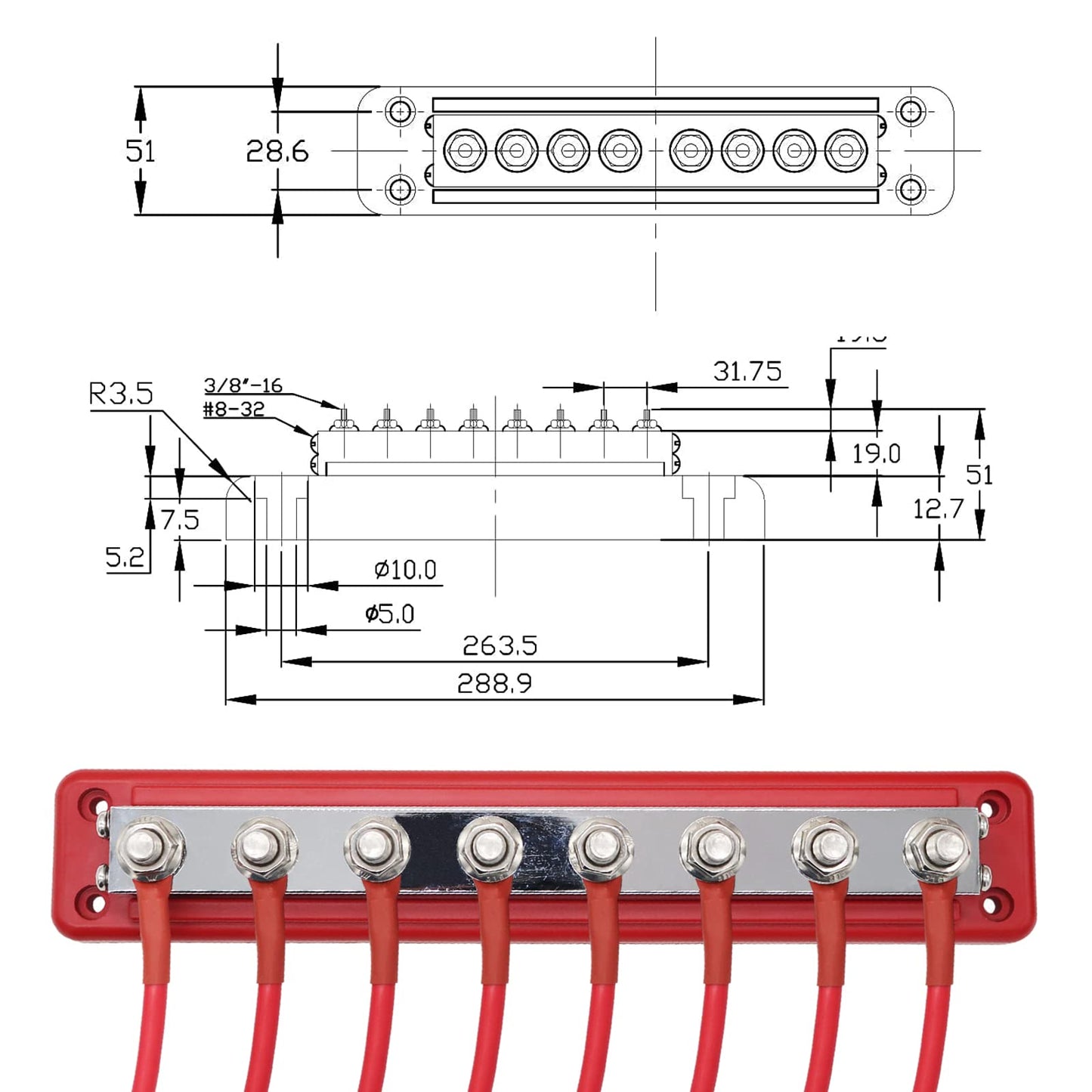 AMOMD 2 Pcs 600 A High Current Copper Bus Bar 300V AC / 48V DC 8 Way 3/8 inch (M10) Studs 8#8-32 Screws Electrical Terminal Ground Distribution Block Battery Buss Bars with Cover (Red & Black)