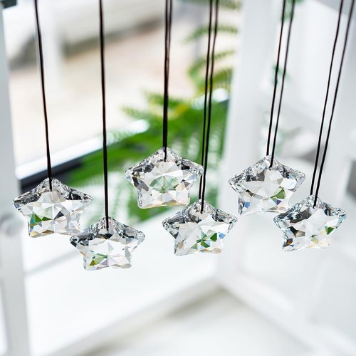 H&D Hyaline & Dora Crystal Glass Christmas Ornaments - Set of 6 Clear Faceted Stars for Holiday Decor