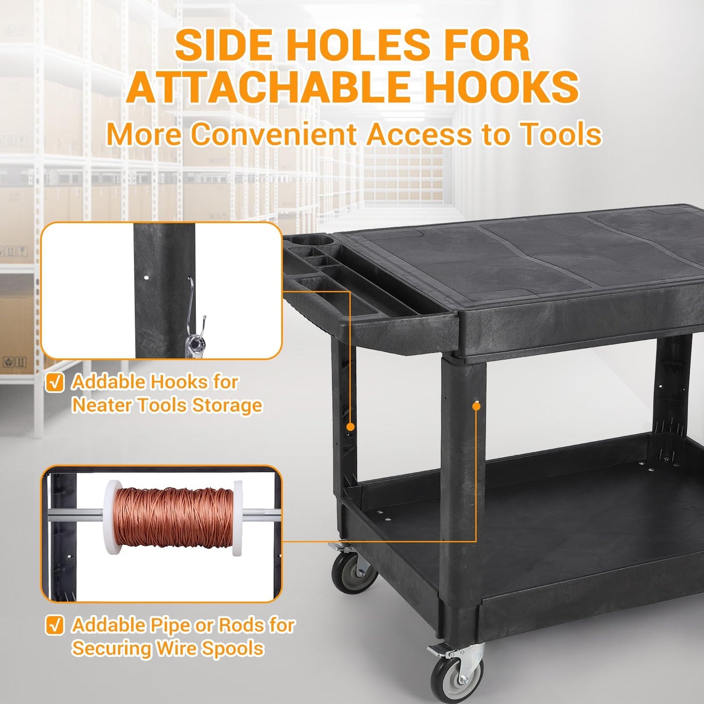 Large Heavy Duty Plastic Utility Service Cart Flat top 45.8 x 25 Inch, Work Cart Flat Shelves Holds up to 550 lbs - 2 Tier Service Cart with 360°Swivel Wheels (2 with Brakes) Black
