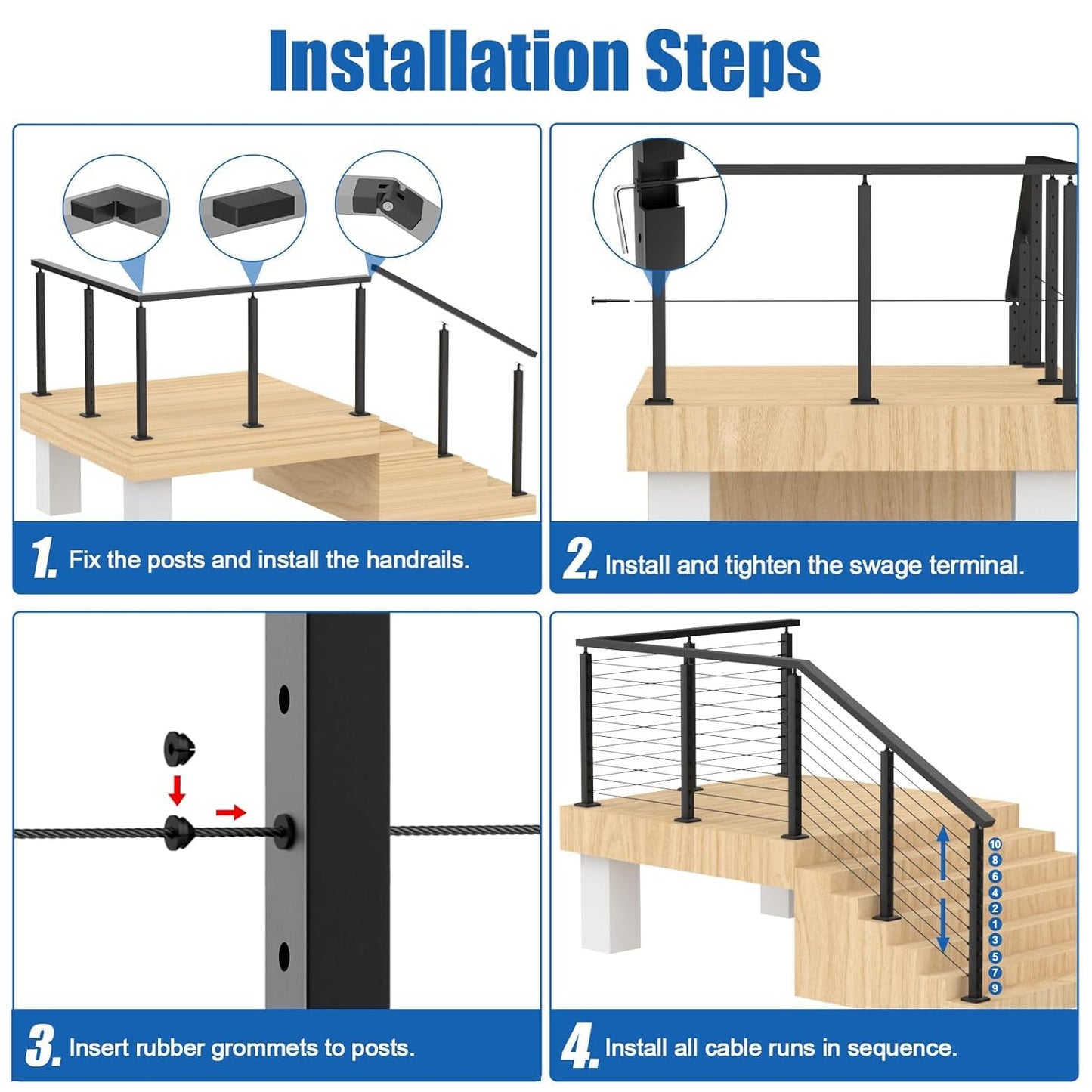 CKE 5-10ft Complete Set 36" Stair Cable Railing Post Kit (35"x2"x2") for 25°-35° Stair, 2 Pack Stair Cable Posts, 150ft 1/8" Wire Rope, Black Swageless Invisible Cable Railing System DIY Kit SPS01