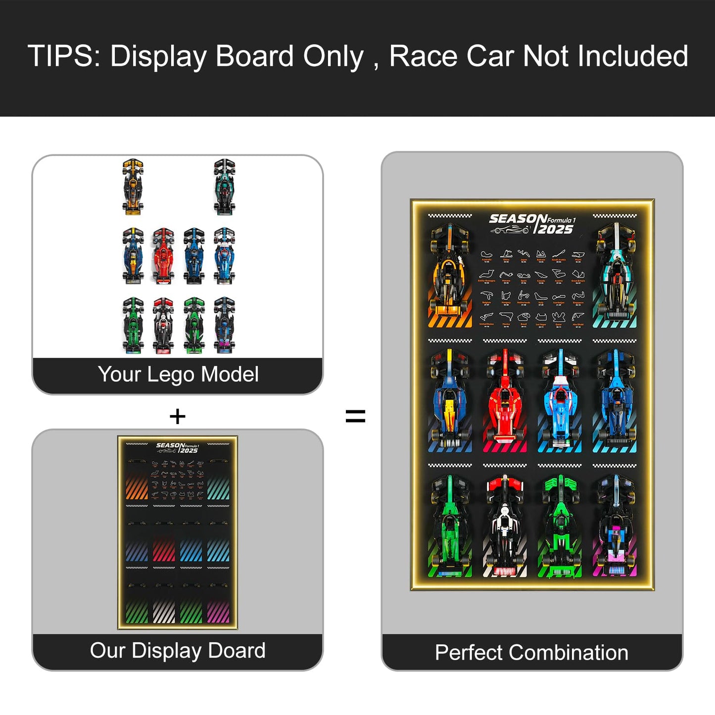 NAOCARD Display Wallboard with RGB LED Lights for Lego Speed Champions Race Car Collector's Pack,Wall Mount for 77242-77251 Collectible Model Car Kit (Car Not Included)