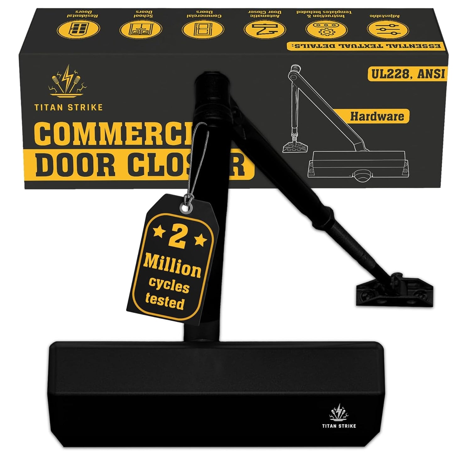 TITAN STRIKE Heavy Duty Automatic Door Closer with Regular Arm, Commercial Indoor/Outdoor Adjustable Door Closure, ANSI Grade 1, UL Certified, ADA Compliant, (44-330lb, 30-60in) – Black
