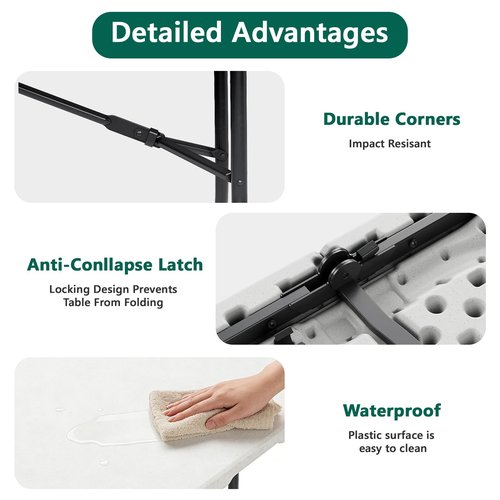 FurniEdge 6ft Folding Table with Handle, Heavy Duty Plastic Table, 300 lbs Portable Table, Reinforced Steel Legs, High Density Plastic, Ideal for Parties, Picnics, Weddings,Camping (White)