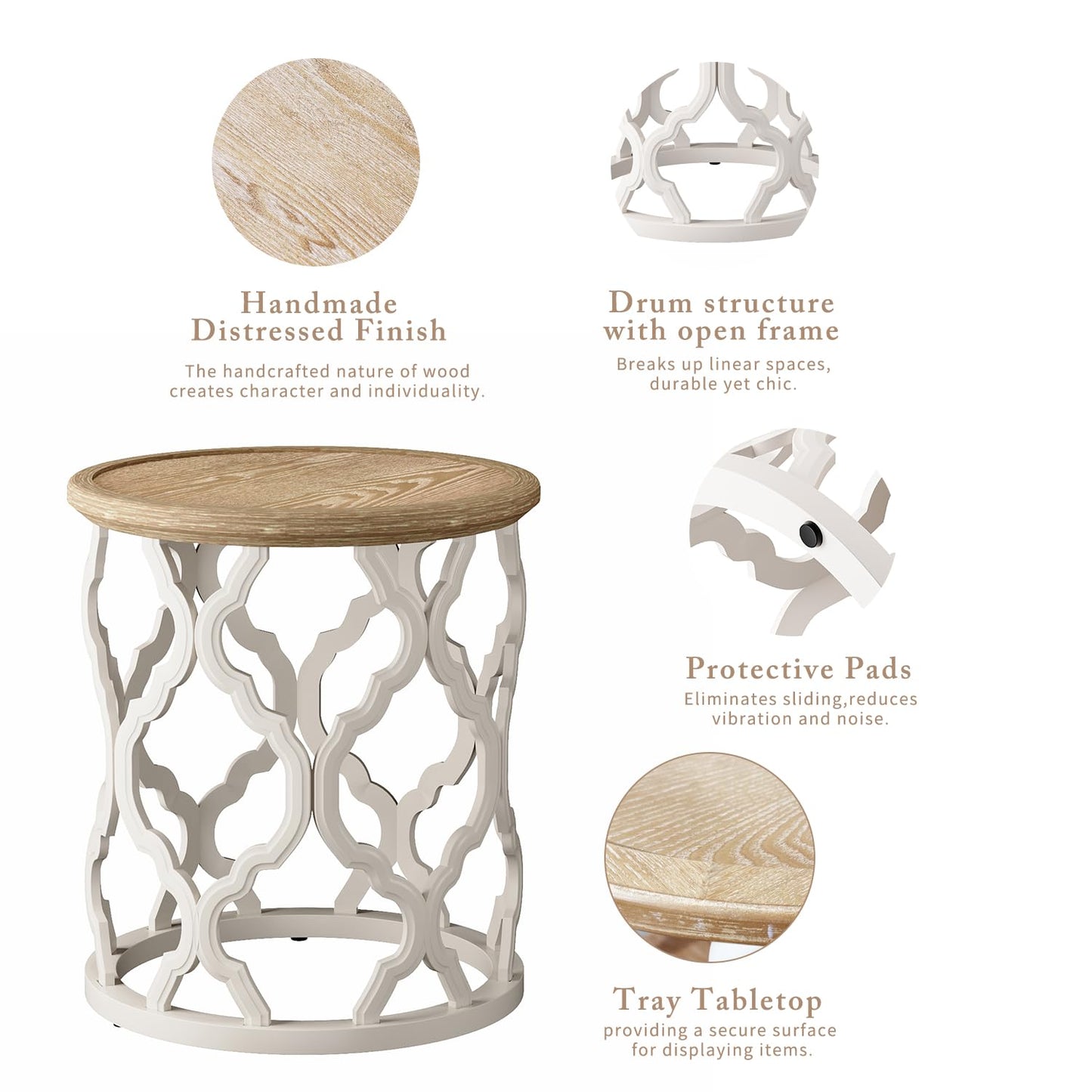 karlott Farmhouse End Table, 18.5'' French Country Round Side Table, Distressed Tray Top Side Table with Curved Motif Frame Base for Boho, End Tables Living Room, Bedroom, Small Space, Cream Beige